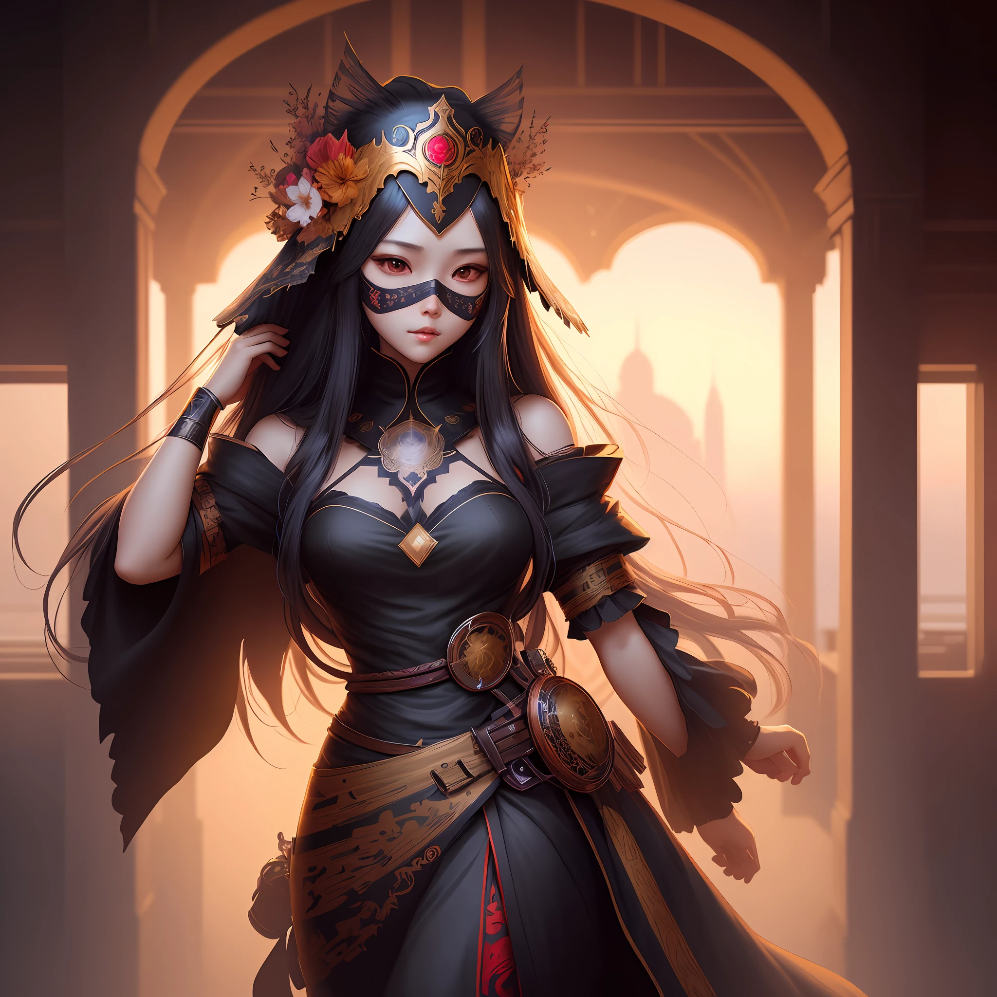 there is a woman with long hair and a mask on her head, 8k high quality detailed art, 4k highly detailed digital art, beautiful digital artwork, artwork in the style of guweiz, high quality 16k digital art, 8k hd wallpaper digital art, 4k detailed digital art, beautiful girl on the horizon, a beautiful artwork illustration