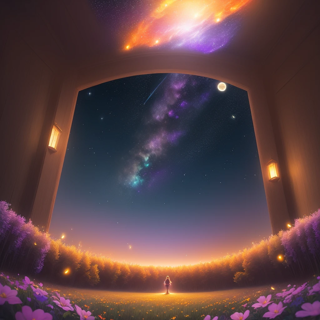 Vast landscape photo, (viewed from below, the sky is above and the open field is below), a girl standing on a flower field looking up, (full moon: 1.2), (meteor: 0.9), (nebula: 1.3), distant mountains , Trees BREAK Crafting Art, (Warm Light: 1.2), (Fireflies: 1.2), Lights, Lots of Purple and Orange, Intricate Details, Volumetric Lighting, Realism BREAK (Masterpiece: 1.2), (Best Quality), 4k, Ultra-Detailed, (Dynamic Composition: 1.4), Very Detailed, Colorful Details, (Rainbow Colors: 1.2), (Glow Lighting, Atmospheric Lighting), Dreamy, Magical, (Solo: 1.2)