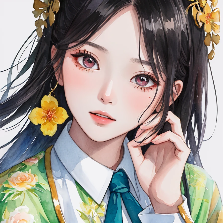 极品,[(白底:1.4)::5],(masterpiece),(best quality:1.1),(ultra-detailed),best illustration,finely detail,(portrait:1.1),( intense close-up),beautiful face,(watercolor drawings),1girl,solo,A girl with black hair,Tie hai,Sweet cool,cheongsam clothing,black and pink,（Colored lens sunglasses），bamboo,looking at the audience,whole colored background,非常优雅,华丽, detail,clear,4K