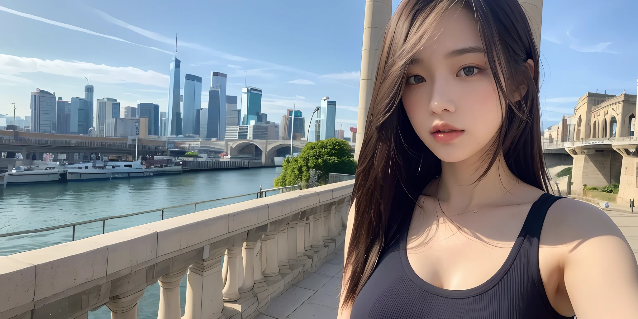 ((Best quality, 8k, Masterpiece :1.3)), Sharp focus :1.2, Perfect Body Beauty: 1.4, Slim Abs: 1.2, ((Layered Hairstyle, Small Boobs:1.2)), (Tank top shirt:1.1 ) , (cityscape: 1.2), highly detailed face and skin texture, detailed eyes, double eyelids, beautiful detailed sky, city bridge, afternoon, standing, upper body, student shirt, cityscape