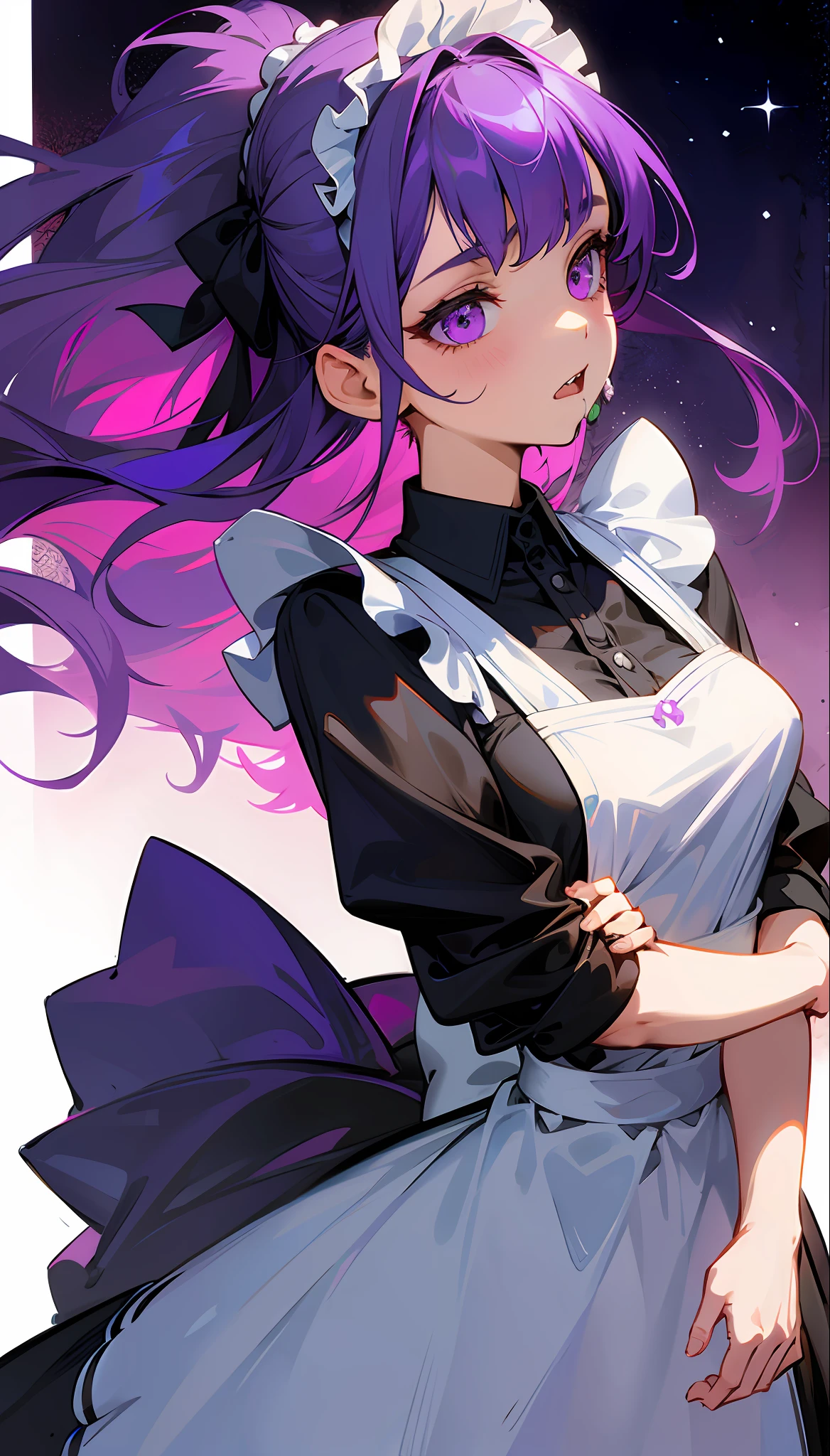 1girl, solo, beautiful face, finely detailed face, beautiful eyes, purple hair, looking into distance, standing, hands behind back, night, ((drooling, maid dress)),