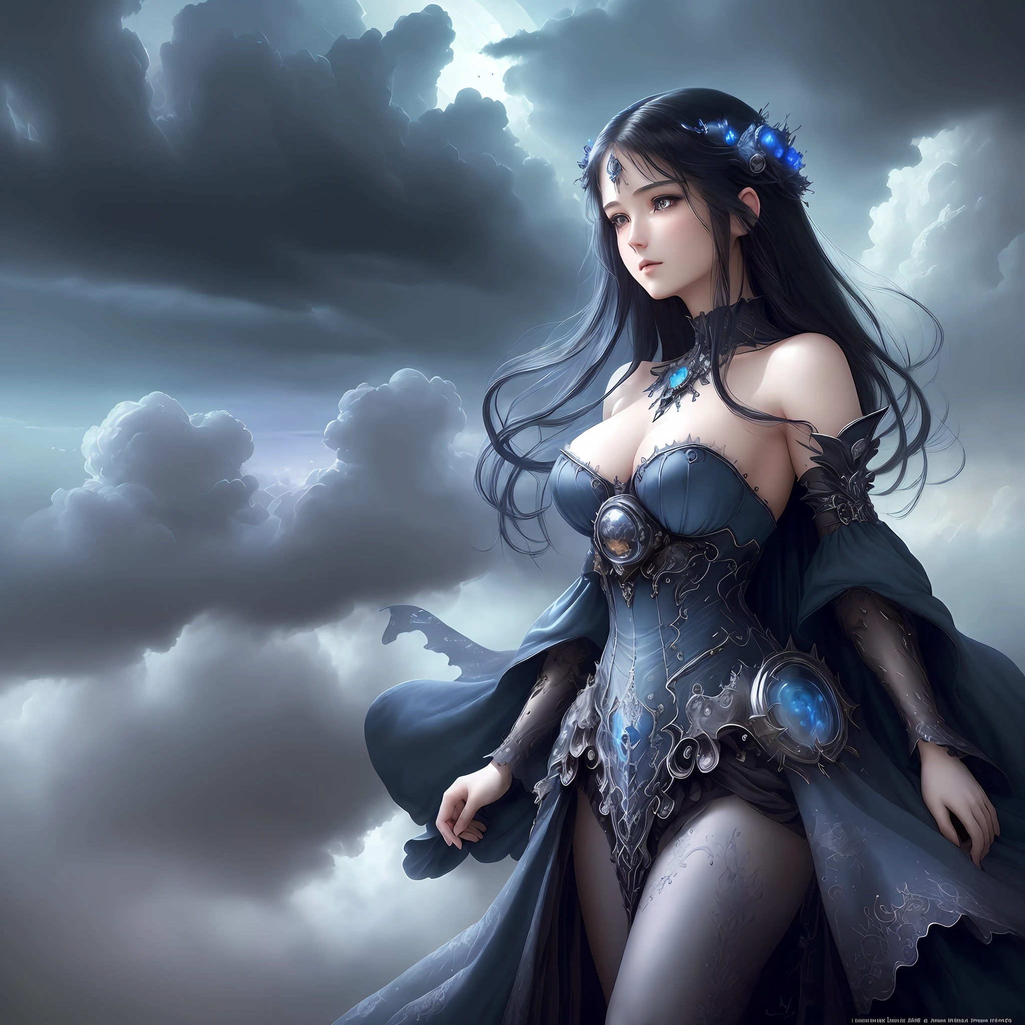 ((best quality)), ((masterpiece)), (detailed)), ethereal beauty, (fantasy illustration: 1.3), enchanting gaze, captivating pose, long straight black hair, fabulously gorgeous blue dress showing off her shoulders , otherworldly charm, mystical sky, (Luis Royo:1.2), (Yoshitaka Amano:1.1), moonlit night, soft colors, (detailed clouds:1.3), (high resolution:1.2), sexy mode, beautifil lady