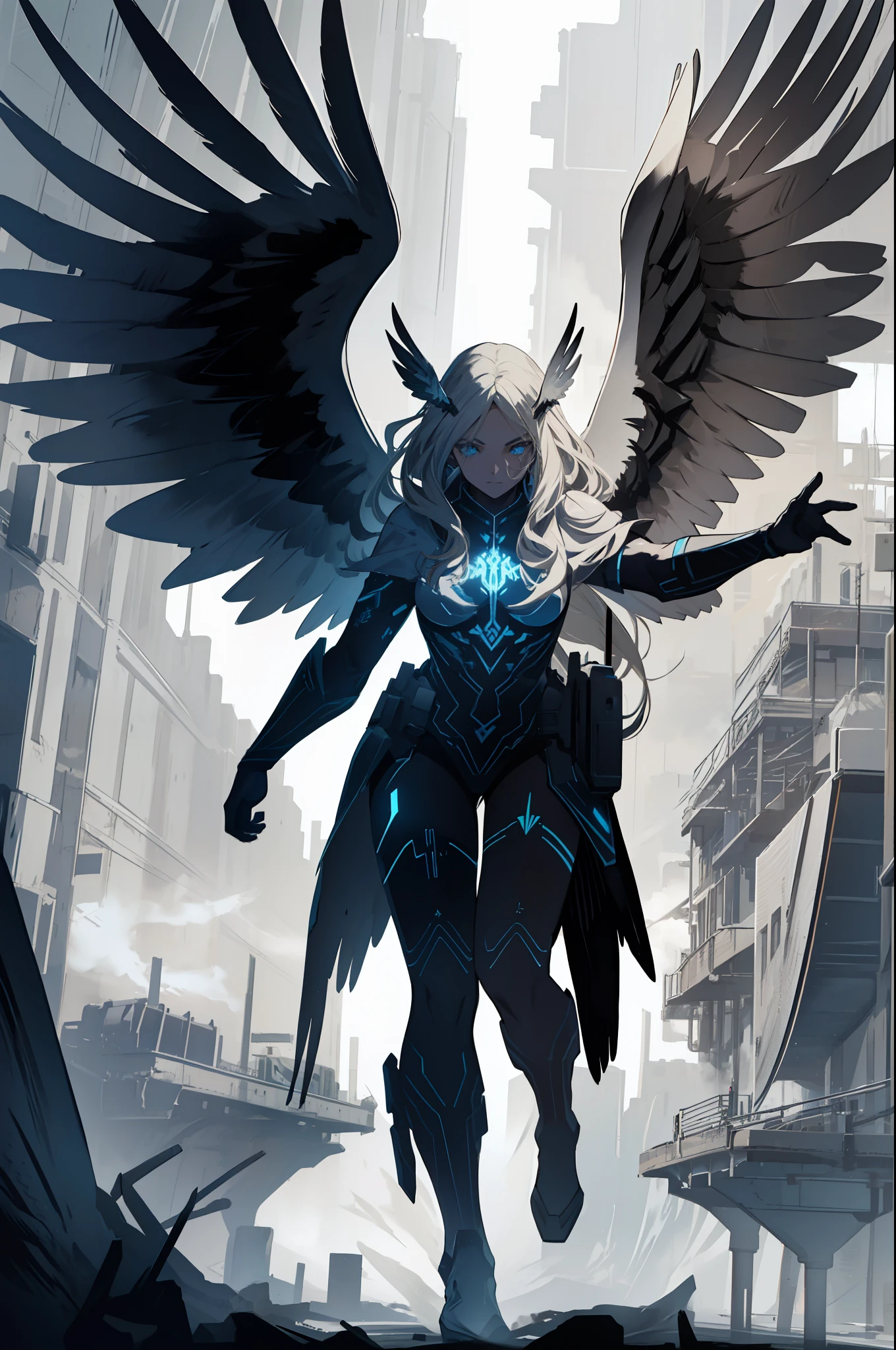 Valkyrie, from Norse Mythology, long retracted wings, high contrast, hyper detailed, in battlefield smoke, perfect eyes, full body, (dynamic and expressive pose), perfect anatomy, centered, freedom, soul, approximation to perfection, cell shading, 4k, dramatic cinematic atmosphere, oil painting, global lighting, detailed and intricate environment, artistic station, concept art, fluid and sharp focus, volumetric lighting, cinematic lighting