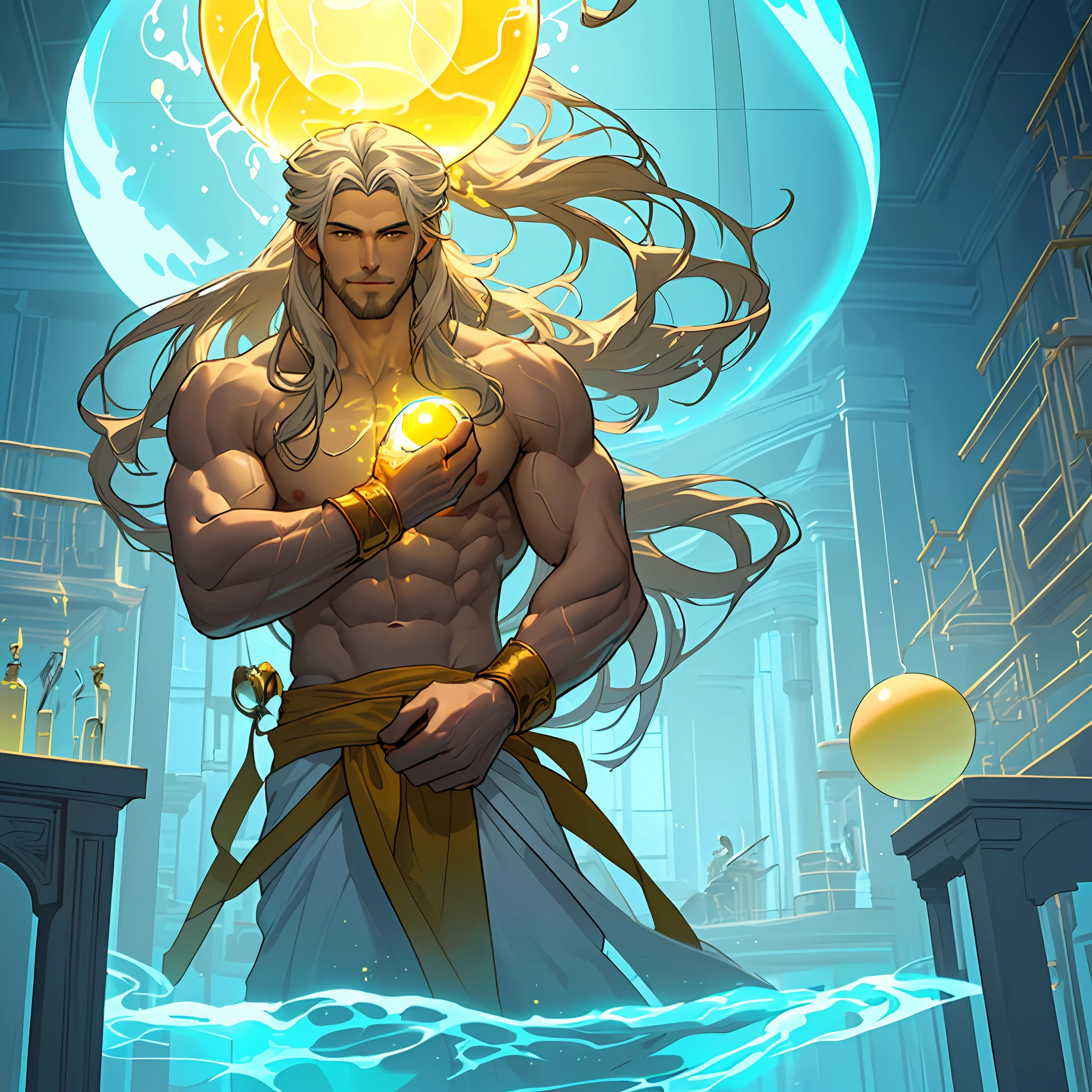 ((handsome man), (long hair), (sculpted body), (god of beauty)), ((two-story laboratory), (floating), (yellow glow emanating from a sphere in his hand)), in a fight against a janitor