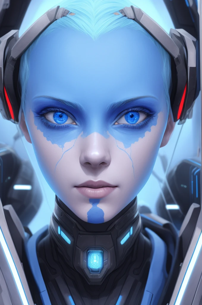 absurdres, 1girl, asari, blue_skin, close up, sci-fi complex clothes, cyberpunk, looking into the camera, masterpiece