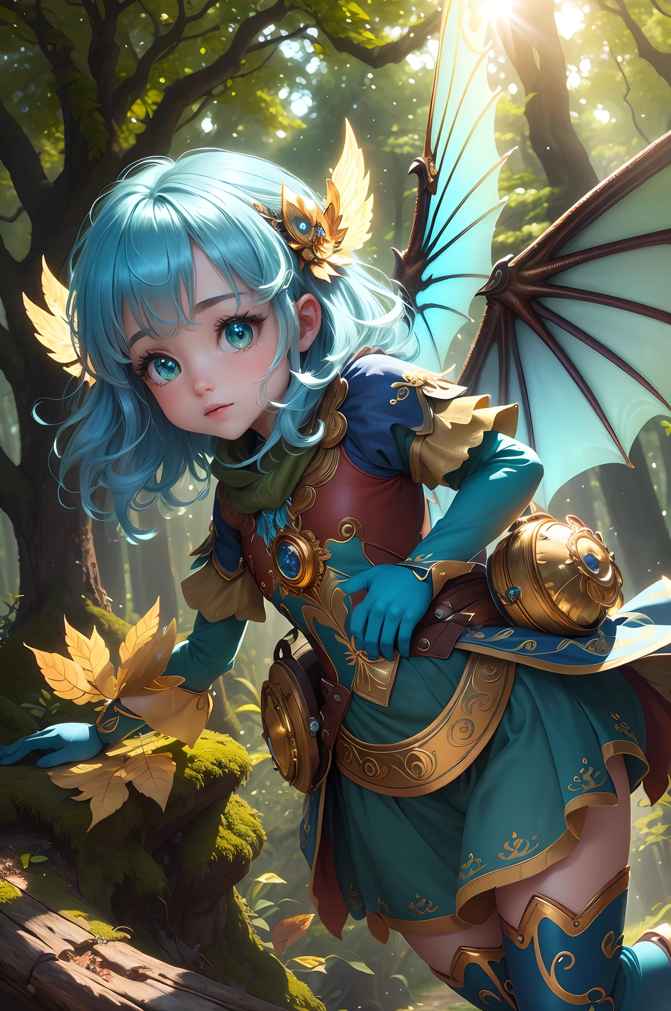 (extremely detailed CG unity 8k wallpaper, masterpiece, best quality, ultra-detailed),(best illumination, best shadow, an extremely delicate and beautiful), floating, high saturation, baby dragon, vibrant colors, sparkling eyes, delicate wings, playful expression, happy, large eyes, mechanical, automaton, lively, delicate ski texture, short legs, jumping, trying to fly, blues and golds, cinematic lighting, enchanted forest, depth of field, leaves, moss, sun rays, maximalism.