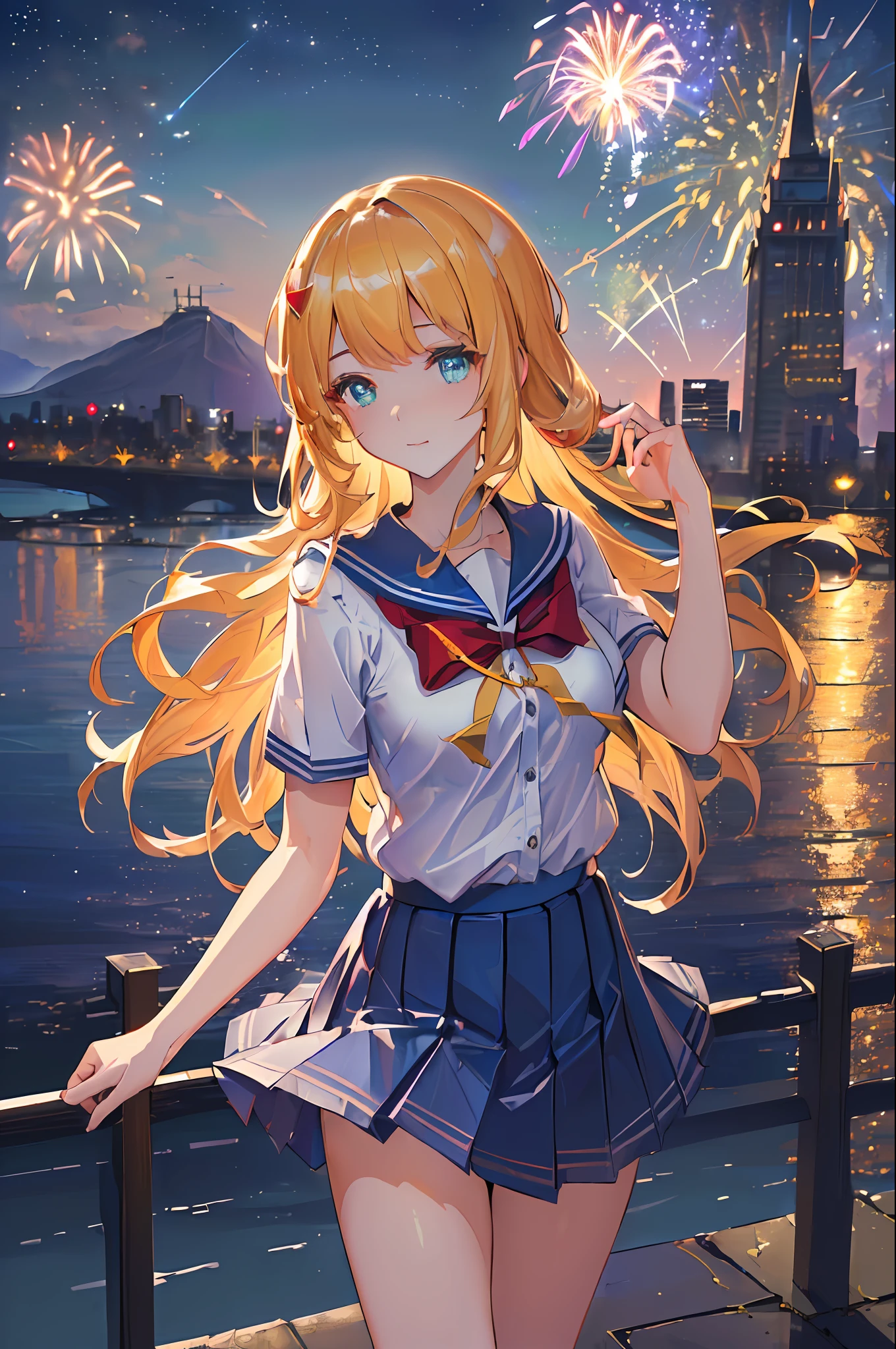 (((masterpiece: 1.5, best quality, high resolution: 1.3, super resolution, super detailed, ultra detailed:1.3, rich background:1.4))), ((close up)), 1girl, solo, green eyes, blonde long hair tied with blue ribbon, blunt bangs, cute hairpin, school uniform, white serafuku, red sailor collar, short sleeves, blue pleated skirt, (outdoor), (on top of hill), ((city scenery behind: 1.5)), scenery, ((nighttime)), dark, (lowlight: 1.1), moon, (moonlight: 1.2), ((dramatic light: 1.4)), (fireworks: 1.4)