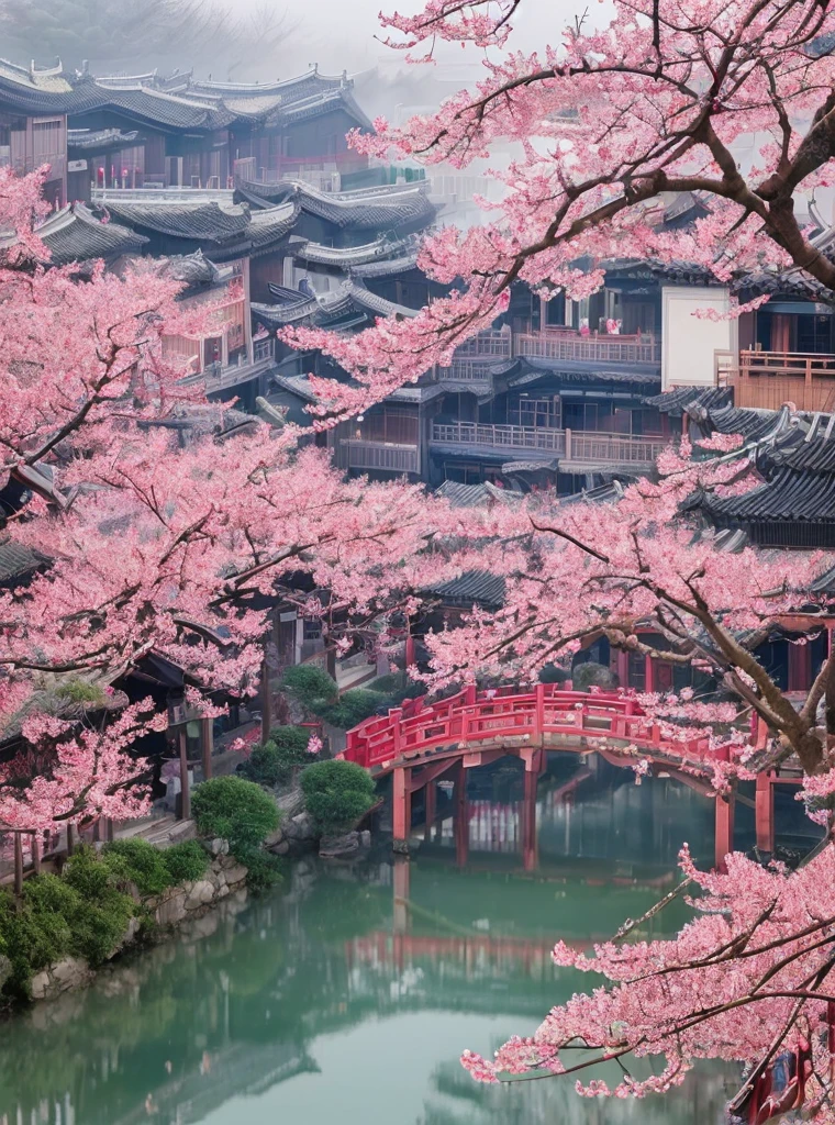 Jiangnan Town, a paradise in the world, features red plum blossoms that highlight the beauty of plum blossoms. Jiangnan Town boasts a backdrop of snowflakes and misty mist, featuring ultra high definition, bright colors, and beautiful scenery with ultra details