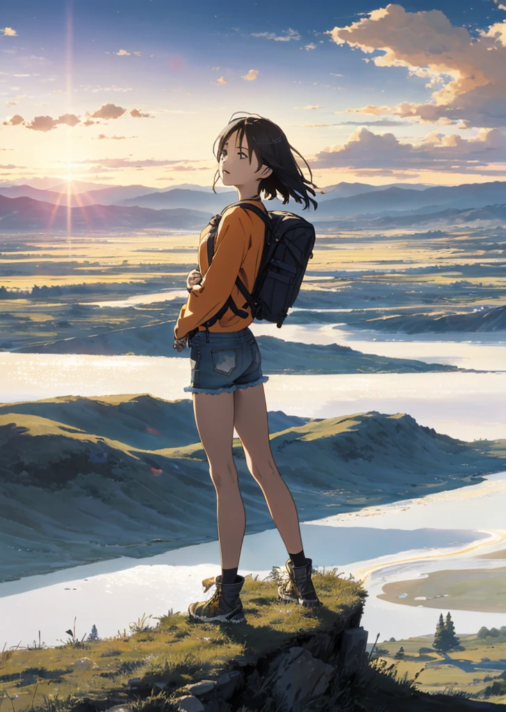 The vast sky, beautiful skyline, large grasslands, extremely tense and dramatic pictures, moving visual effects, the high-hanging Polaris, and colorful natural light. Long-sleeved top, denim shorts, and a girl with a backpack.