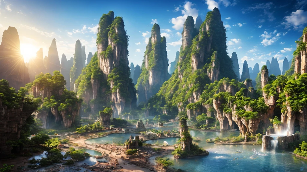 Masterpiece, best quality, high quality, highly detailed CG Unity 8k wallpaper, in a futuristic prehistoric village, splashing water, sandy debris, lens flare, sun axis, fluffy clouds, super detailed, HDR, Blooming, photorealistic, super detailed, mountains in Zhangjiajie,