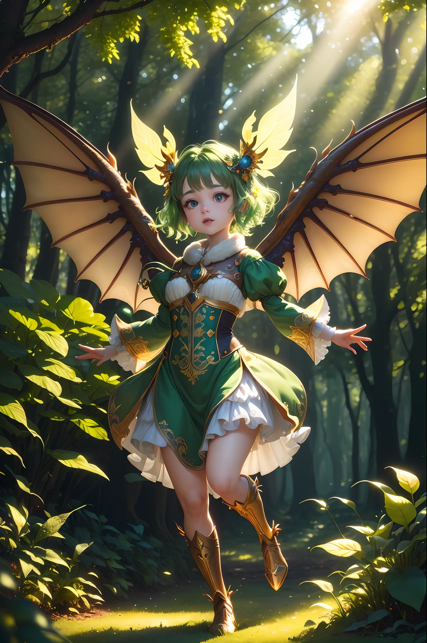(extremely detailed CG unity 8k wallpaper, masterpiece, best quality, ultra-detailed),(best illumination, best shadow, an extremely delicate and beautiful), floating, high saturation, baby dragon, vibrant colors, sparkling eyes, delicate wings, playful expression, happy, large eyes, mechanical, automaton, lively, delicate ski texture, short legs, jumping, trying to fly, greens and golds, cinematic lighting, enchanted forest, depth of field, leaves, moss, sun rays, maximalism.