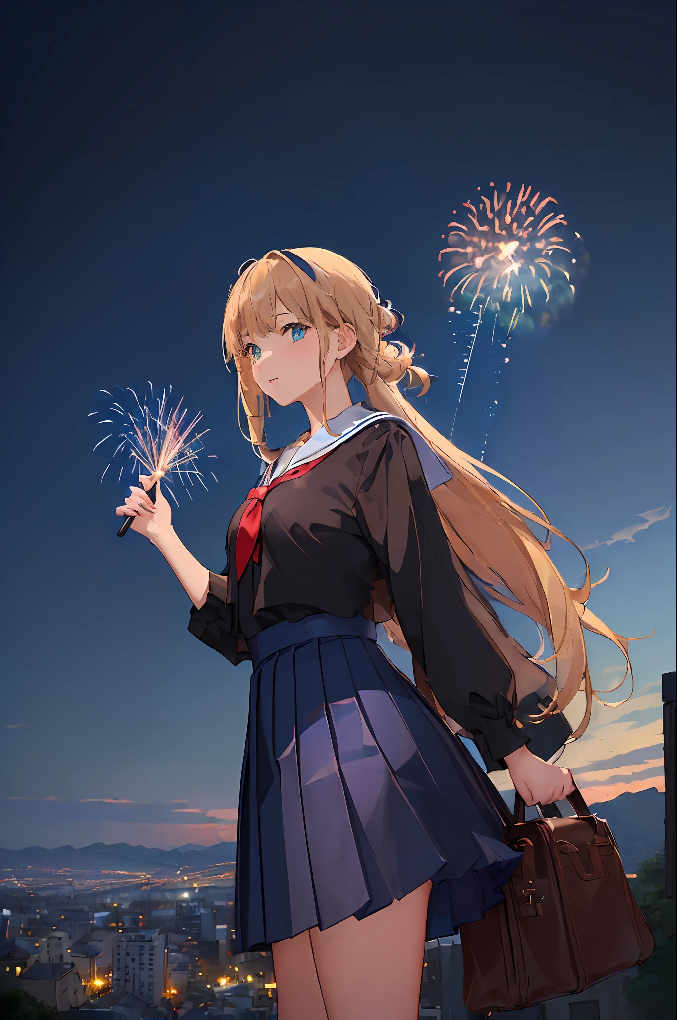 (((masterpiece: 1.5, best quality, high resolution: 1.3, super resolution, super detailed, ultra detailed:1.3, rich background:1.4))), ((close up)), 1girl, solo, green eyes, blonde long hair tied with blue ribbon, blunt bangs, cute hairpin, school uniform, white serafuku, red sailor collar, short sleeves, blue pleated skirt, (outdoor), (on top of hill), ((city scenery behind: 1.5)), scenery, ((nighttime)), dark, (lowlight: 1.1), moon, (moonlight: 1.2), ((dramatic light: 1.4)), (fireworks: 1.4)