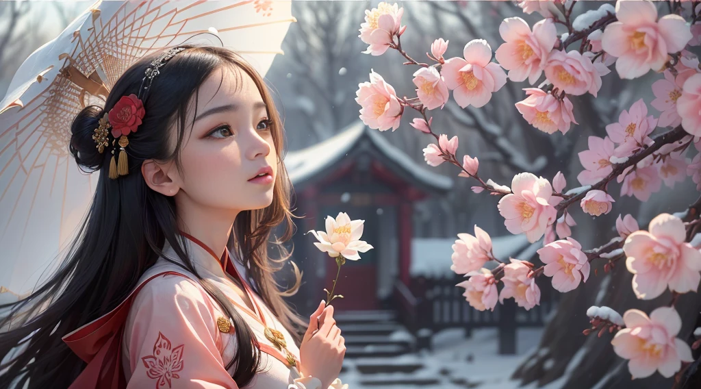 There is a woman in red dress holding a white umbrella, traditional Chinese white umbrella, wild snow scene, a girl in Hanfu, Hanfu, Chinese girl, Chinese woman, Chinese style, white Hanfu, red shawl, snowing, distant scene one A peach blossom tree, full of peach blossoms, a few villages of peach blossoms stretching down from the close-up view, a lot of peach petals floating in the air, heavy snow with goose feathers, 2 colorful butterflies flying, traditional Chinese clothing, cover photo Du&#39;s portrait Juan, portrait photo, China Princess, wearing red cheongsam, inspired by Tang Yifen, black haired goddess, beautiful brunette girl, oriental girl, master work, best picture quality, higher quality, high detail, super high resolution, 8k resolution, depth of field, Cinematography, Intricate detail, Elaborate, Meticulous, Magnificent, Maximum detail, Extreme beauty, (((1girl, solo))), 18age, Long hair, Black hair, White skin, Realistic, Masterpiece, (best picture quality), higher quality, high detail, super high resolution, panorama, exquisite facial features, perfect face, glowing skin, dreamy background, women, girls, angels, mini girls, goddesses, poets, shy, Surprise, shoulder-length hair, black hair, sharp and clear focus, three-dimensional silhouette, correct proportions, realistic portrait, face close-up, a very temperamental beautiful girl, slender figure, exquisite facial features, flowing long hair, Black hair, extremely detailed hair description, (collarbone), perfect face, clean and flawless face, long eyelashes, light pink eye shadow, shallow dimples, blush, watery big eyes crystal clear, delicate cream Glowing skin like skin, detailed skin details, CFG scale: 8, Hires upscale: 1.5, PT: Luo Tianyi, Shenli Linghua, LoRA: Hanfu 2.5D-4(0.3), Asian Face Girl-1(0.15) , OC rendering--V6