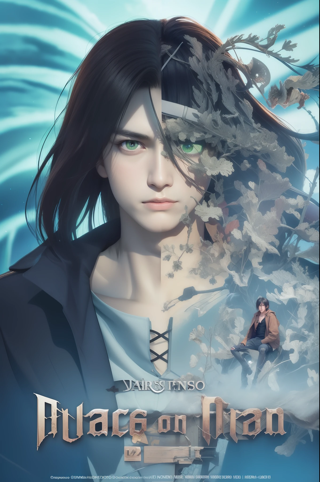 best quality, masterpiece, (realistic: 1.2), 1 man, Eren Jaeger, real life, live action, black jeans, black pants, brown hair, attack on Titan, blue background, black jacket, slim body, high definition, high quality, long hair, memory shards
