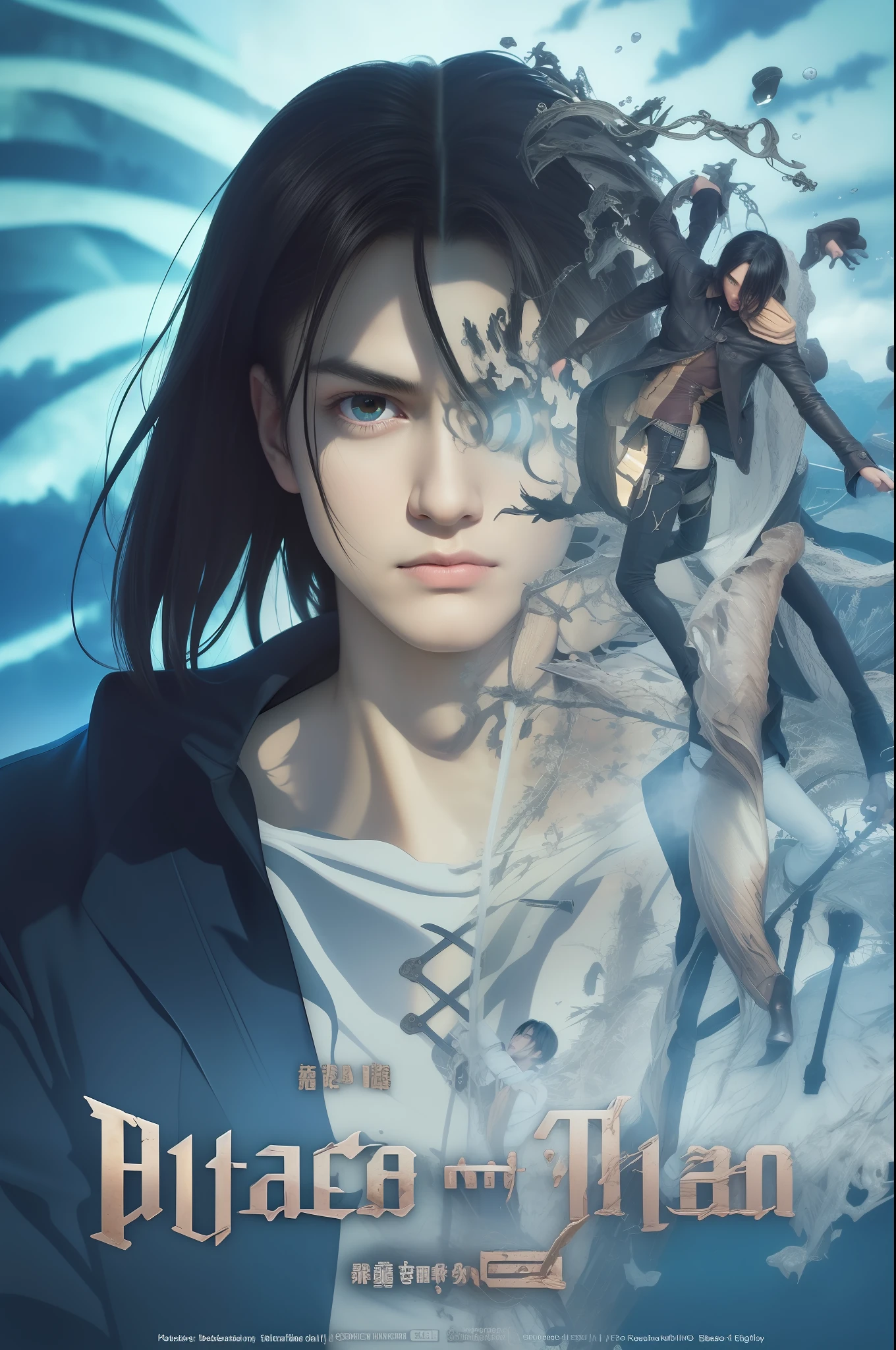 best quality, masterpiece, (realistic: 1.2), 1 man, Eren Jaeger, real life, live action, black jeans, black pants, brown hair, attack on Titan, blue background, black jacket, slim body, high definition, high quality, long hair, memory shards