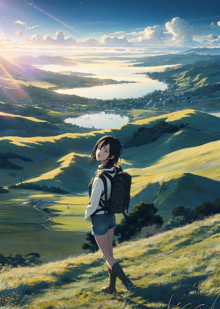 The vast sky, beautiful skyline, large grasslands, extremely tense and dramatic pictures, moving visual effects, the high-hanging Polaris, and colorful natural light. Long-sleeved top, denim shorts, and a girl with a backpack.