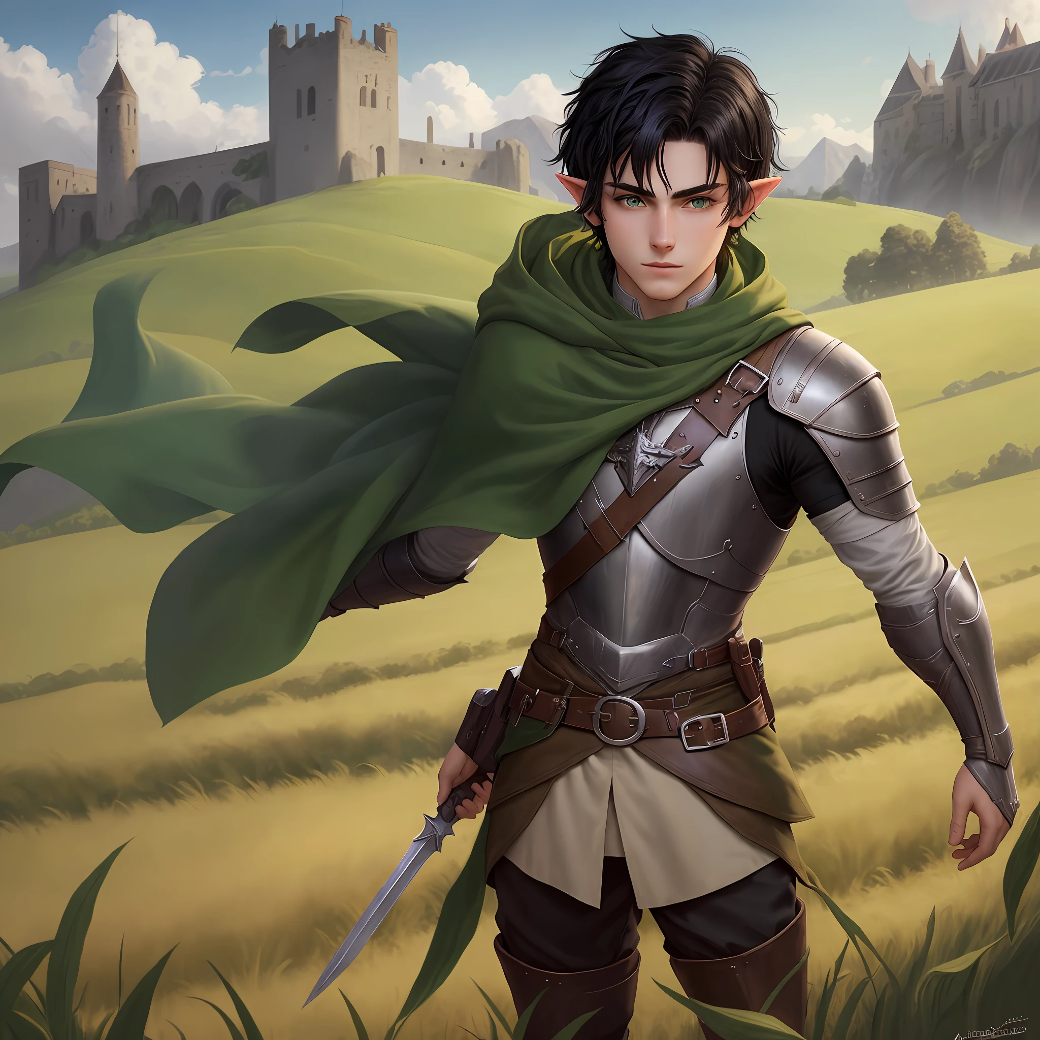 18 year old, half-elf,  short black hair, green eyes, heroic, medieval, he is in a field, looking straight ahead, cabelos brancos, andrógeno