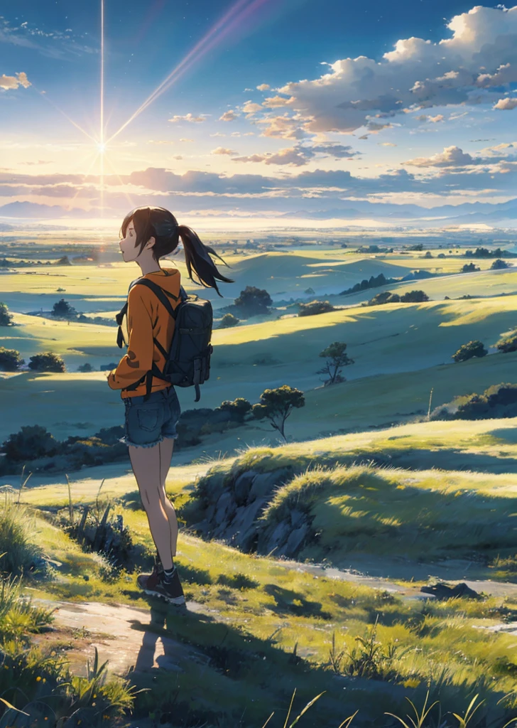 The vast sky, beautiful skyline, large grasslands, extremely tense and dramatic pictures, moving visual effects, the high-hanging Polaris, and colorful natural light. Long-sleeved top, denim shorts, and a girl with a backpack.