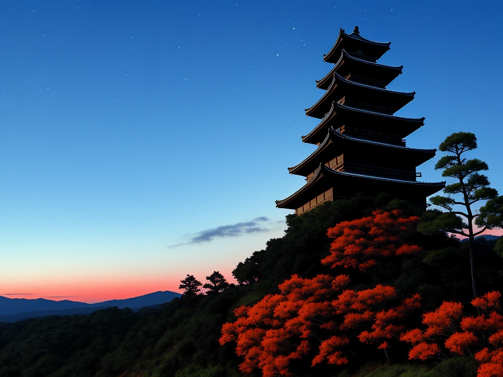 ancient haunted japanese fortress, night sky, bloody castle, dead trees