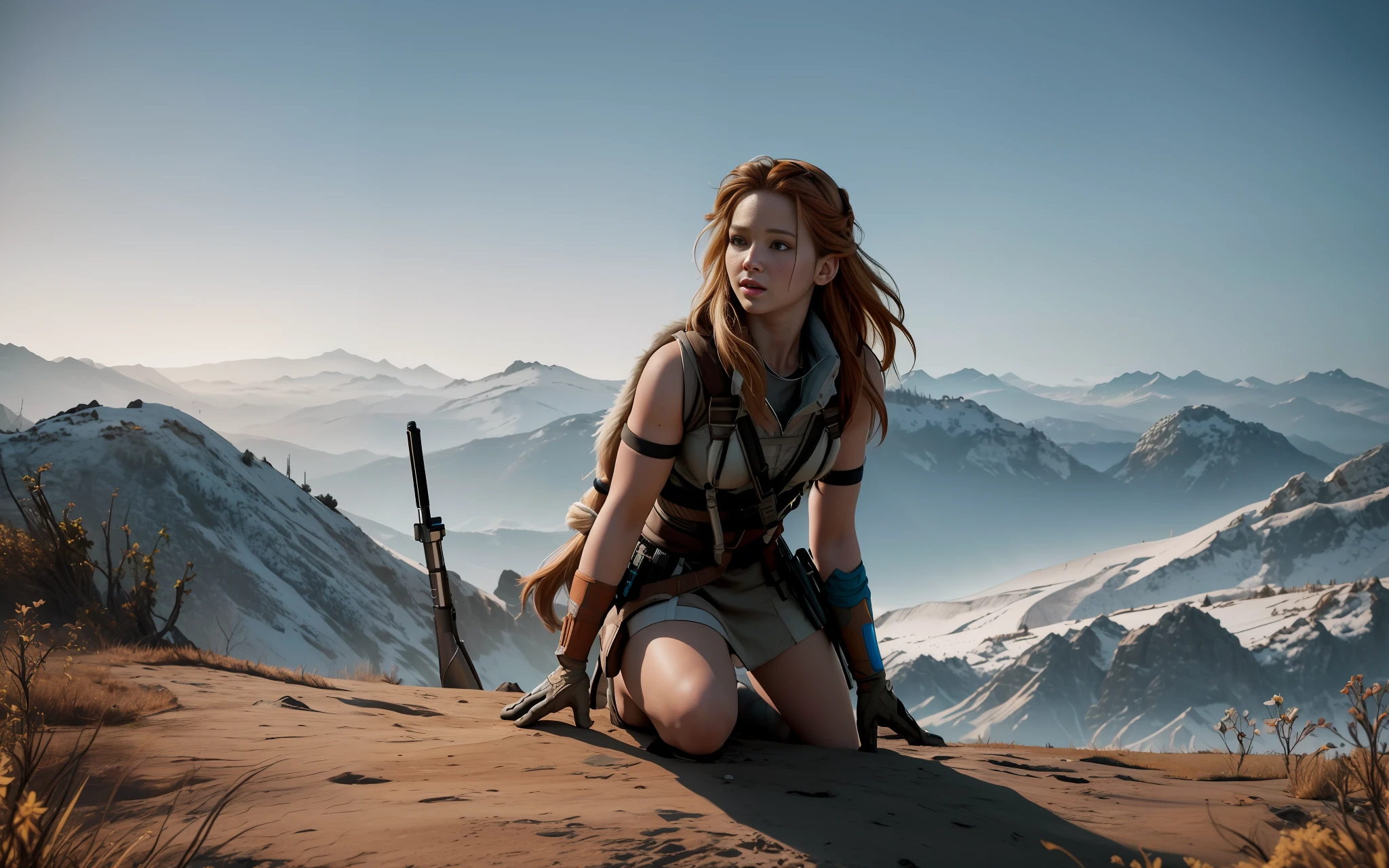 amazing beautiful background,epic movie poster ,professional photo, jennifer lawrence as Aloy from "horizon zero down" , on a top of a mountain, background for wallpaper, shutterstock style, beautiful clear natural lighting, professional lighting, dramatic lighting, FOV, depth of field