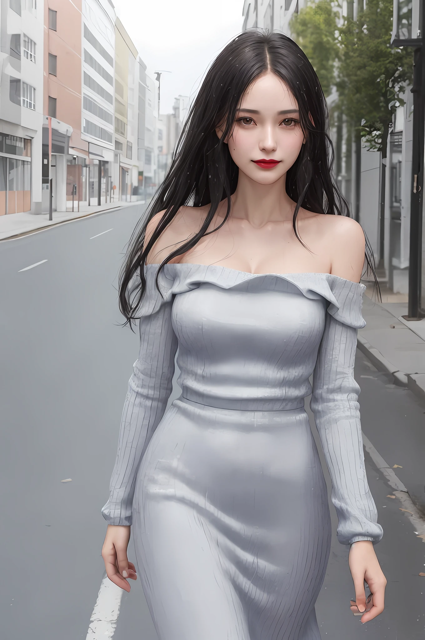 Realistic, textured skin, {best quality}, {highres}, beautiful and charming girl, 25 years old, focused, mature and delicate face, smiling, slender and charming figure, delicate and charming collarbone, messy shoulder length hair, black hair, bright peach blossom eyes, pink lipstick, double eyelids, deep cleavage, (gray-blue knitted dress), walking on an empty street, {wet}, {annoyed}, bright background