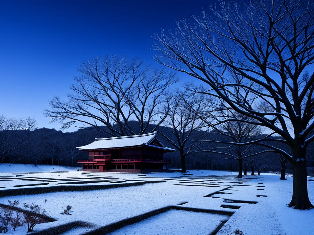 ancient haunted japanese fortress, night sky, bloody castle, trees in winter, dilapidated castle,