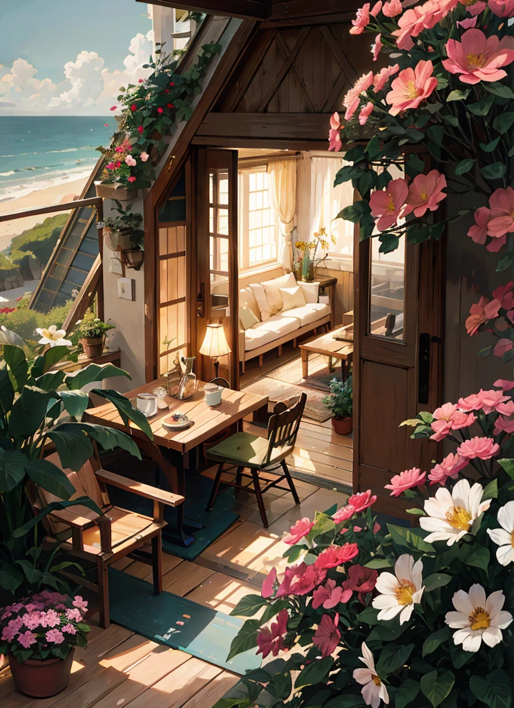 there is a small house with a balcony and a table with chairs, beautiful detailed scene, cottagecore!!, relaxing concept art, cozy place, highly detailed scene, floral environment, 🌺 cgsociety, sunny bay window, cottagecore, nature and floral aesthetics, cozy home background, immensely detailed scene, cozy cafe background, overlooking the ocean, realistic scene