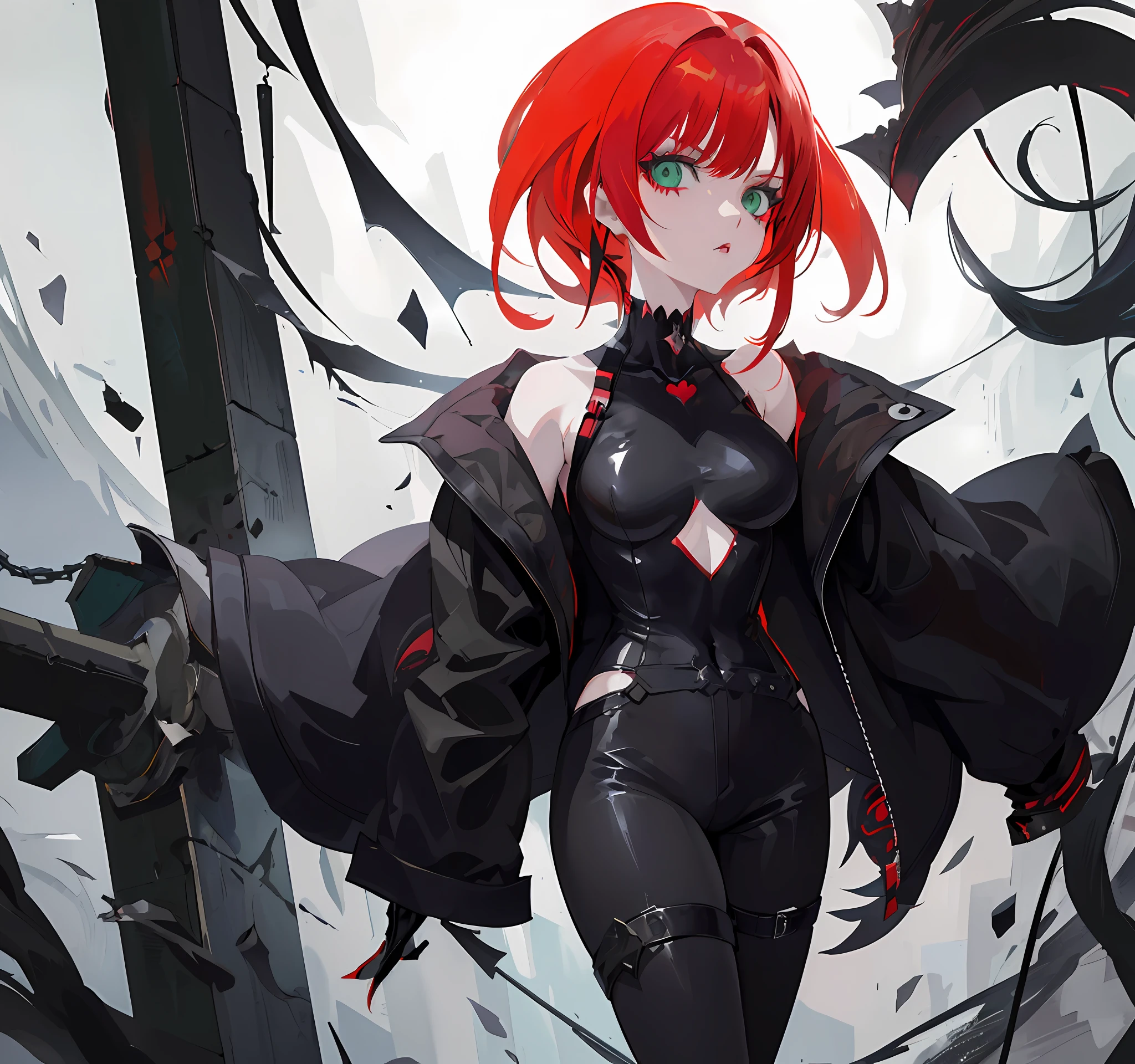Anime girl with red hair and black clothes, green eyes, persona 5 art style wlop, badass anime 8k, demon anime girls, best anime 4k konachan wallpapers, zerochan art, epic anime style, gothic girly anime girls , anime style 4k, made by Anime Artist Studio, popular on artstation pixiv
