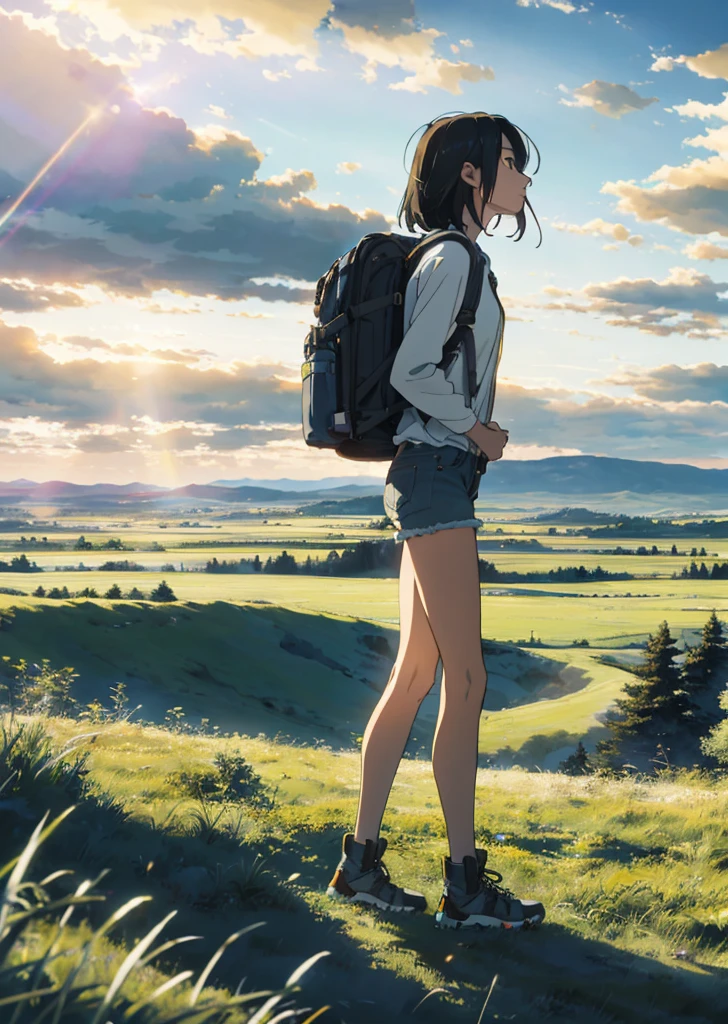 The vast sky, beautiful skyline, large grasslands, extremely tense and dramatic pictures, moving visual effects, the high-hanging Polaris, and colorful natural light. Long-sleeved top, denim shorts, and a girl with a backpack.