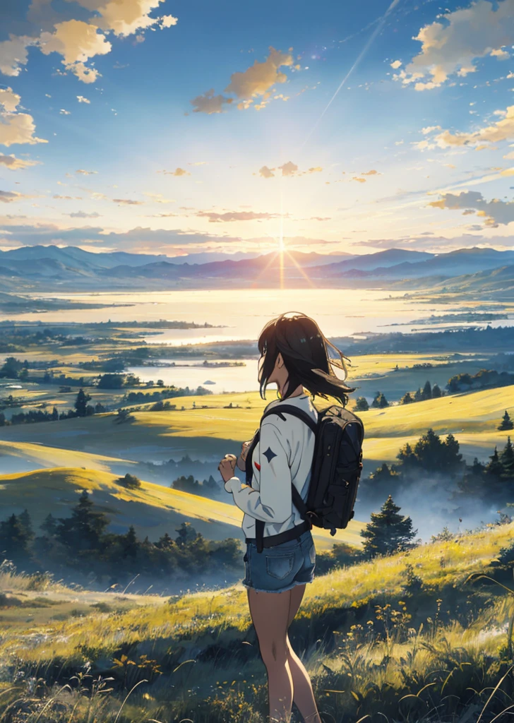 The vast sky, beautiful skyline, large grasslands, extremely tense and dramatic pictures, moving visual effects, the high-hanging Polaris, and colorful natural light. Long-sleeved top, denim shorts, and a girl with a backpack.