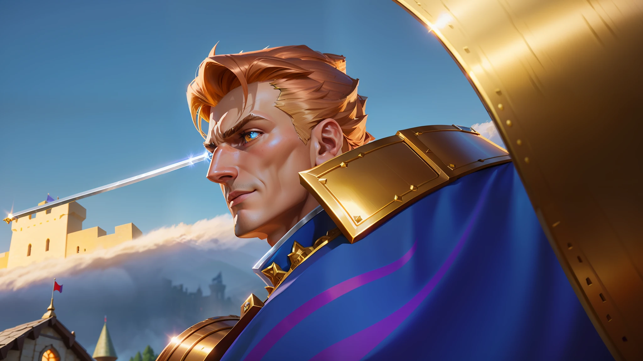 Close-up cartoon character holding sword in front of castle, hero epic battle screen, mobile game art, epic legend game icon, key art, official original art, hero engine, battle royale style character, game art, original art, game illustration, gold and Copper shiny armor, box art, loading screen, hero character art, game poster, polish, metallic texture