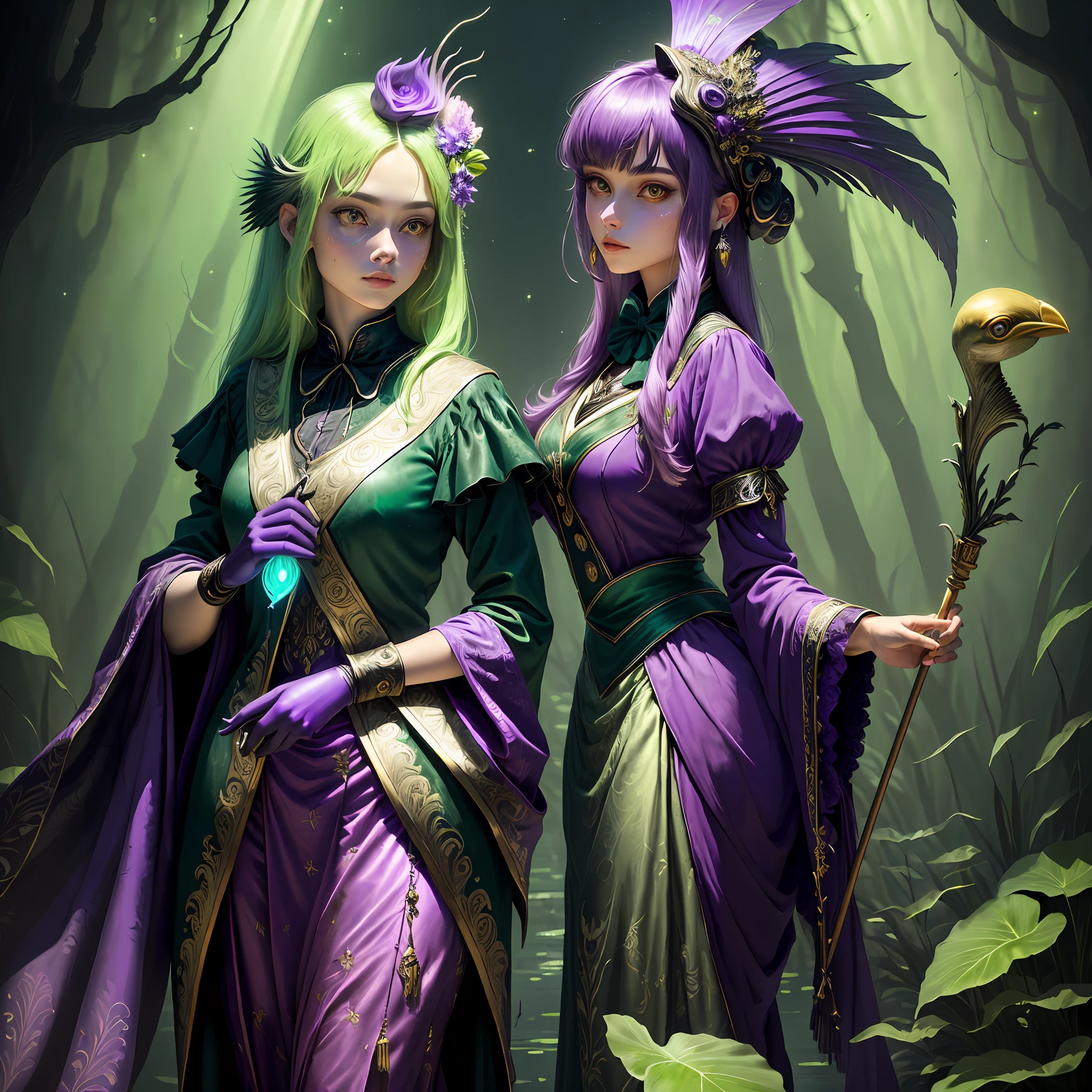 Female bird in velvet, anthropomorphic form, fish head bone on cane, green glowing eyes, two hands, looking gentle, wide purple swamp in background, glitter, glowing plants