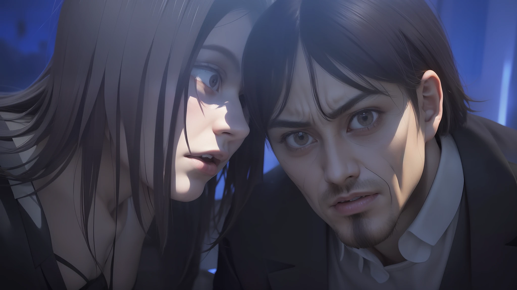 best quality, masterpiece, (realistic: 1.2), 1 man, Eren Jaeger, real life, live action, black jeans, black pants, brown hair, attack on Titan, blue background, black jacket, slim body, high definition, high quality, long hair, psychopath face, scary face, angry, wide open eyes