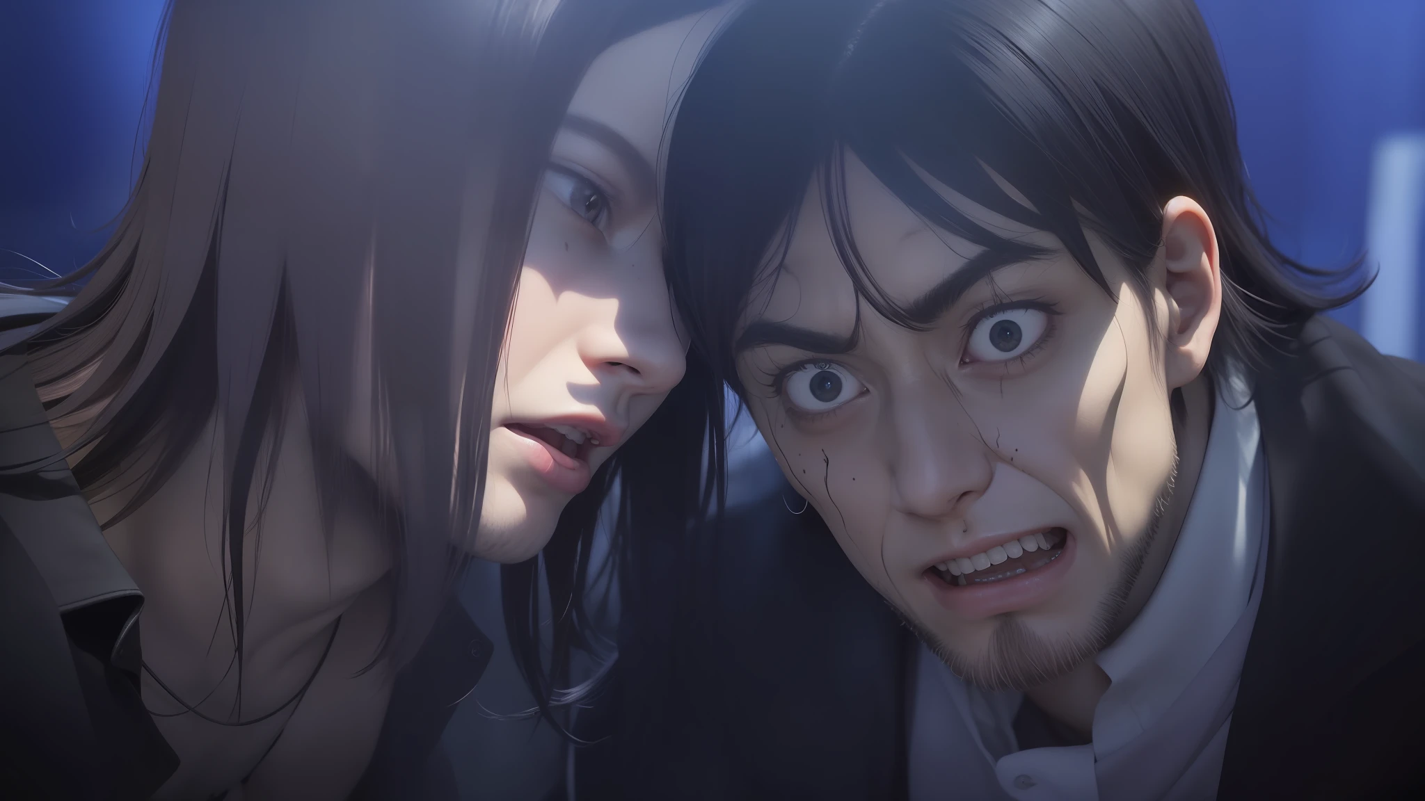 best quality, masterpiece, (realistic: 1.2), 1 man, Eren Jaeger, real life, live action, black jeans, black pants, brown hair, attack on Titan, blue background, black jacket, slim body, high definition, high quality, long hair, psychopath face, scary face, angry, wide open eyes