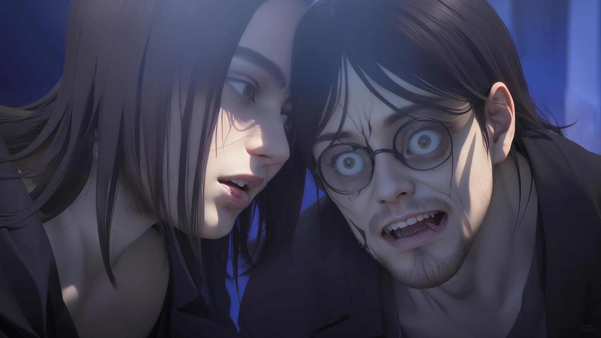 best quality, masterpiece, (realistic: 1.2), 1 man, Eren Jaeger, real life, live action, black jeans, black pants, brown hair, attack on Titan, blue background, black jacket, slim body, high definition, high quality, long hair, psychopath face, scary face, angry, wide open eyes