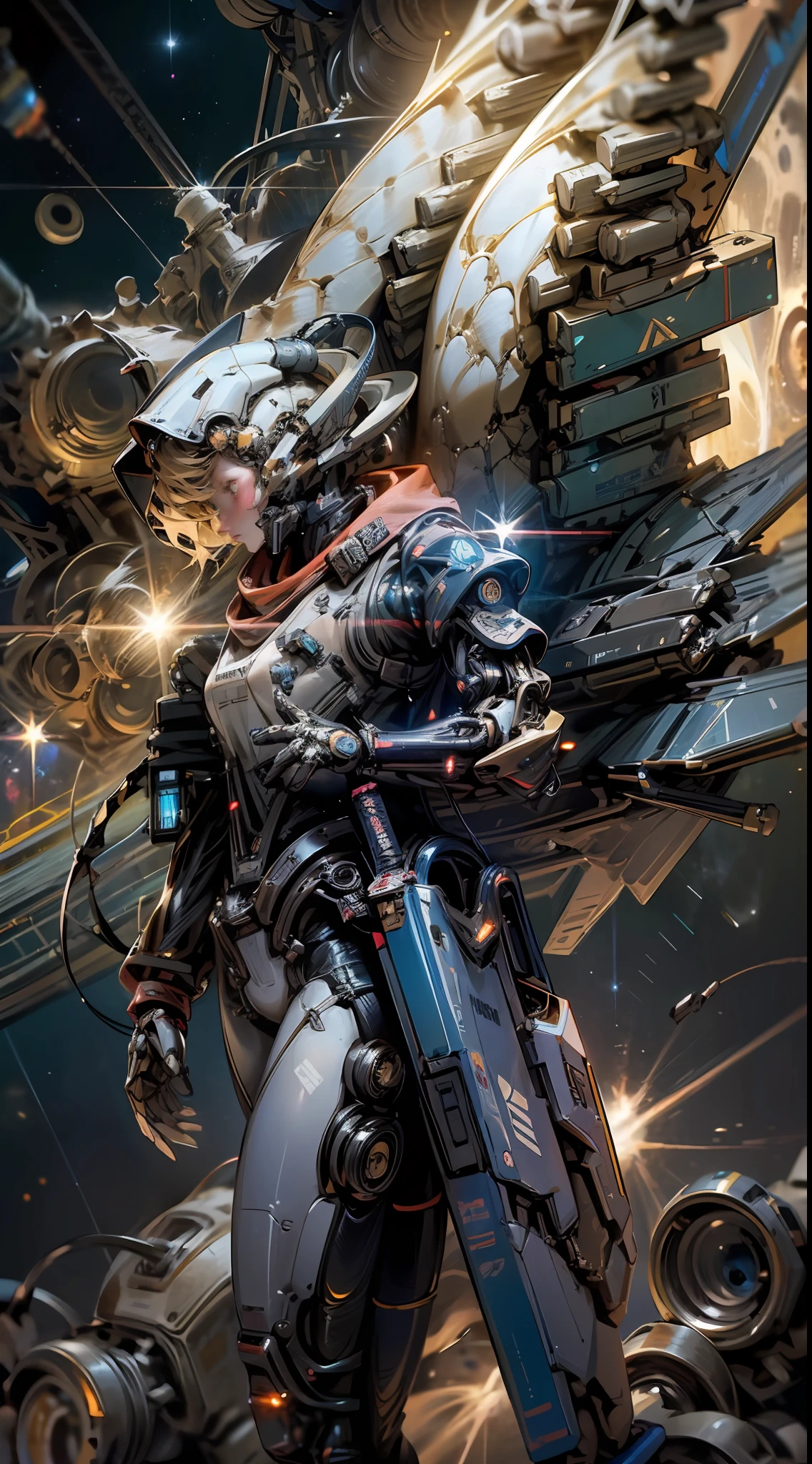 In space, huge planet, nebula, holding weapons, no humans, glowing, (female mech: 1.2), female robot, giant mechanical wings, mech wings, (flying in space: 1.3), comet fragments , glowing eyes, red mecha, science fiction, space, reality, mecha, galaxy background, neon lights, cyberpunk, HD wallpaper, CG art