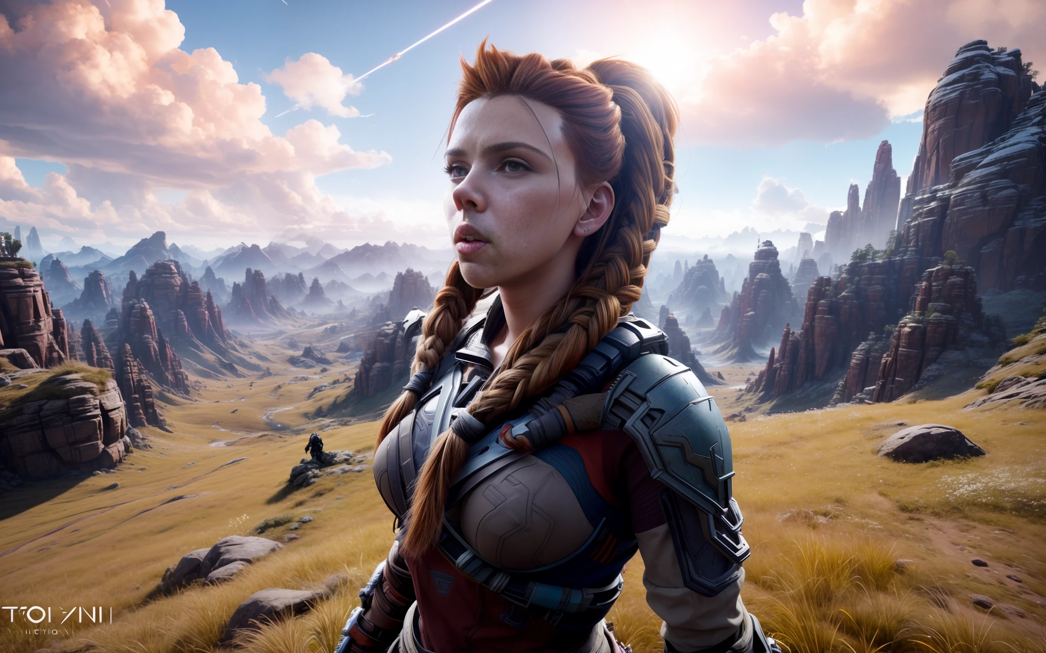 amazing beautiful background,epic movie poster ,professional photo, Scarlett Johansson is Aloy from "horizon zero down" , on a top of a mountain, background for wallpaper, shutterstock style, beautiful clear natural lighting, professional lighting, dramatic lighting, FOV, depth of field