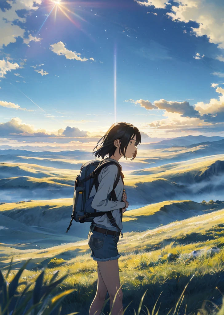 The vast sky, beautiful skyline, large grasslands, extremely tense and dramatic pictures, moving visual effects, the high-hanging Polaris, and colorful natural light. Long-sleeved top, denim shorts, and a girl with a backpack.