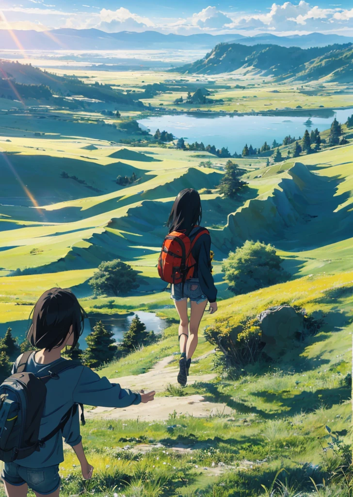 The vast sky, beautiful skyline, large grasslands, extremely tense and dramatic pictures, moving visual effects, the high-hanging Polaris, and colorful natural light. Long-sleeved top, denim shorts, and a girl with a backpack.