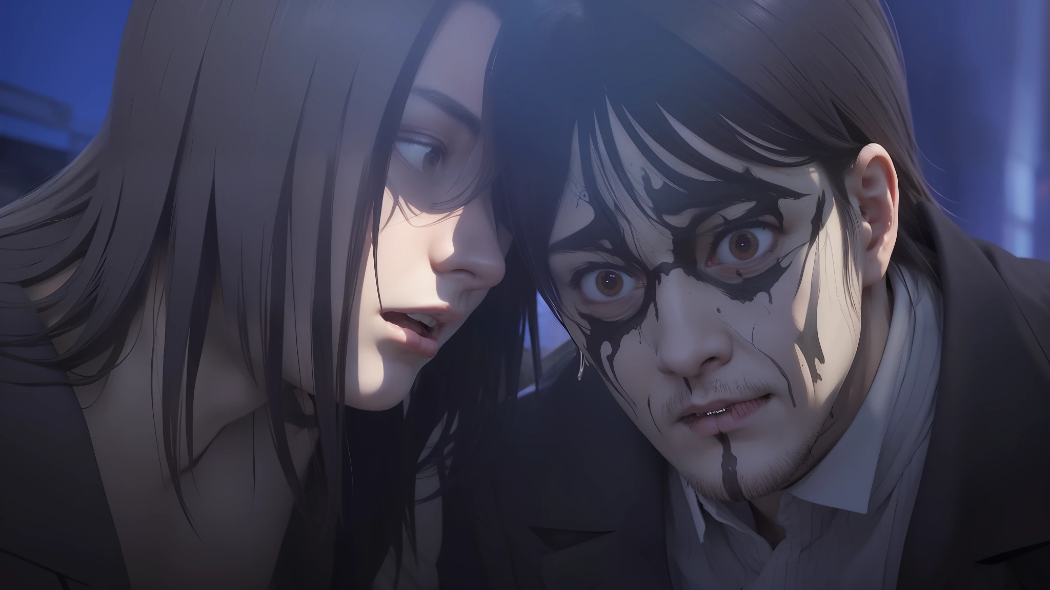 best quality, masterpiece, (realistic: 1.2), 2 men, Eren Jaeger, Grisha Jaeger, real life, live action, brown hair, attack on Titan, blue background, black jacket, high definition, high quality, long hair, psychopath face, scary angry face, scared face, dark clothes, cold environment