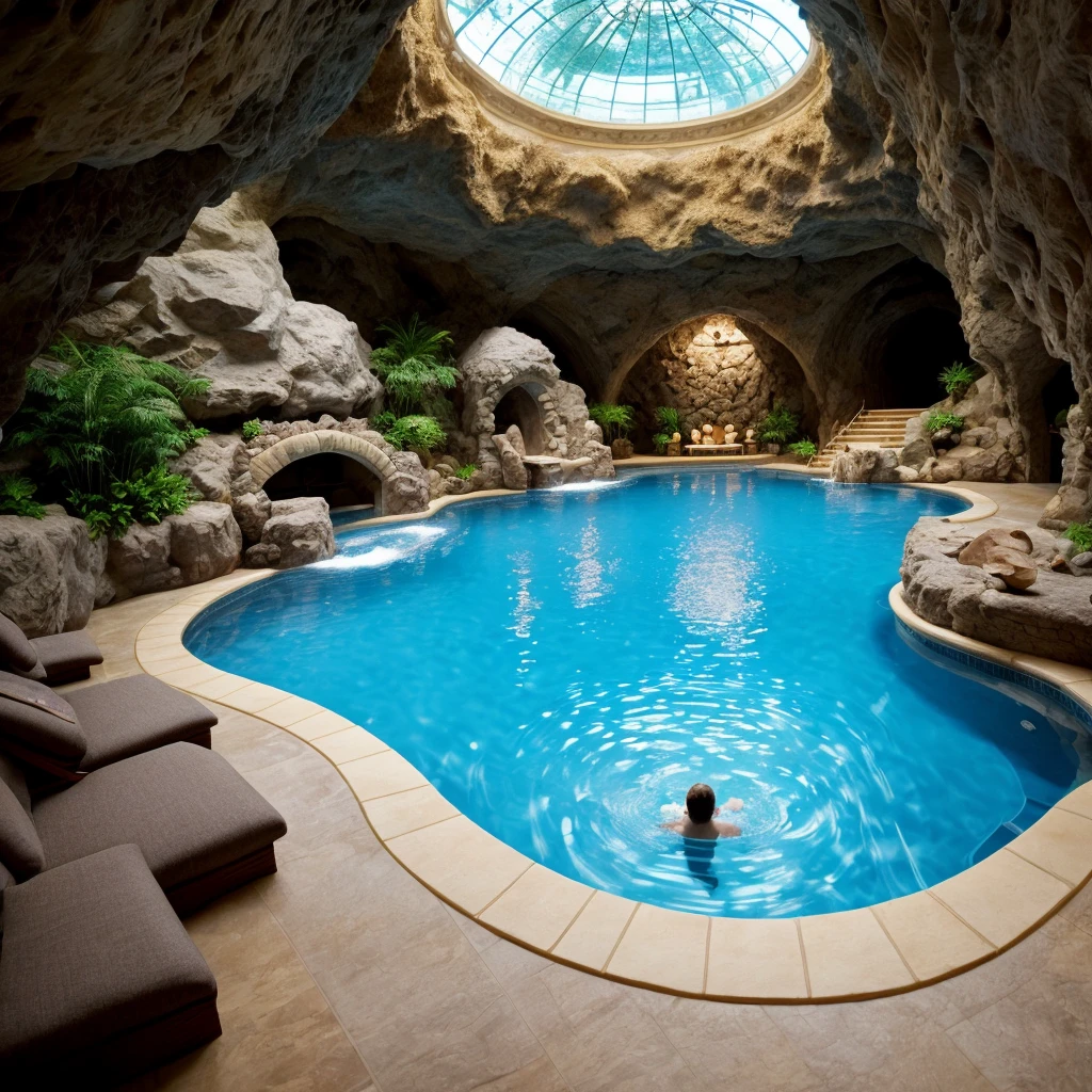 indoor swiming pool with grotto and cave theme rocks creating cave in pool, royal palace, 14 year old teen boy king