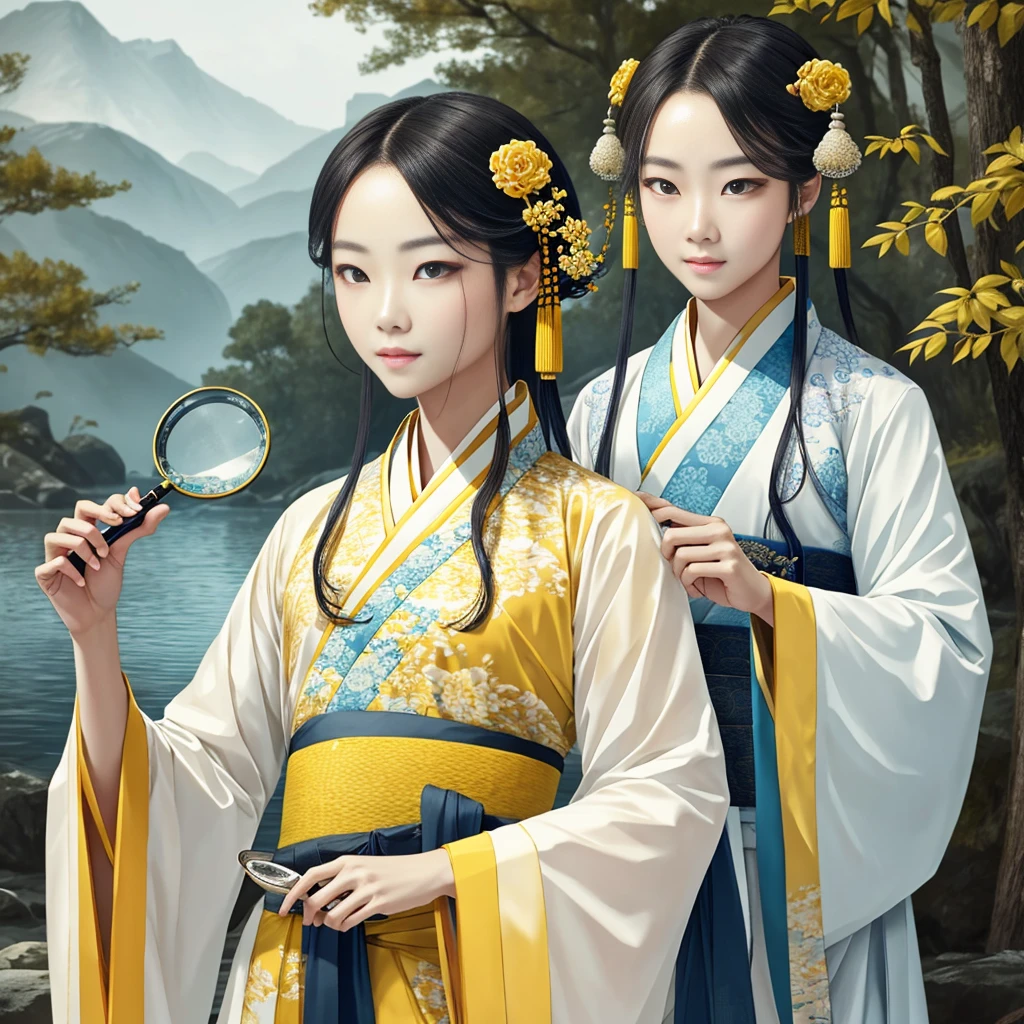 Handsome Boy, Beautiful Girl, Thinking, Analyzing, Magnifying Glass, Best Quality, Intricate Details, High Resolution, (Beautiful Details Water: 1.4), (Hanfu, Tang Feng), Yellow Eyes,
