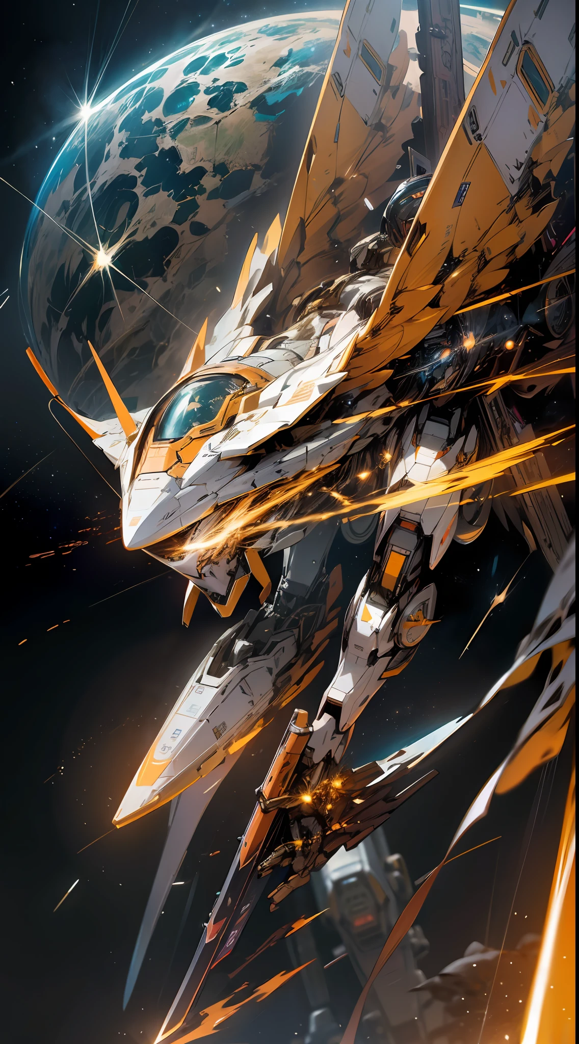 In space, huge planet, nebula, holding weapons, no humans, glowing, (female mech: 1.2), female robot, huge mechanical wings, mech wings, in flight, comet fragments, glowing eyes, Orange mech, science fiction, space, reality, mecha, galaxy background, neon, cyberpunk,