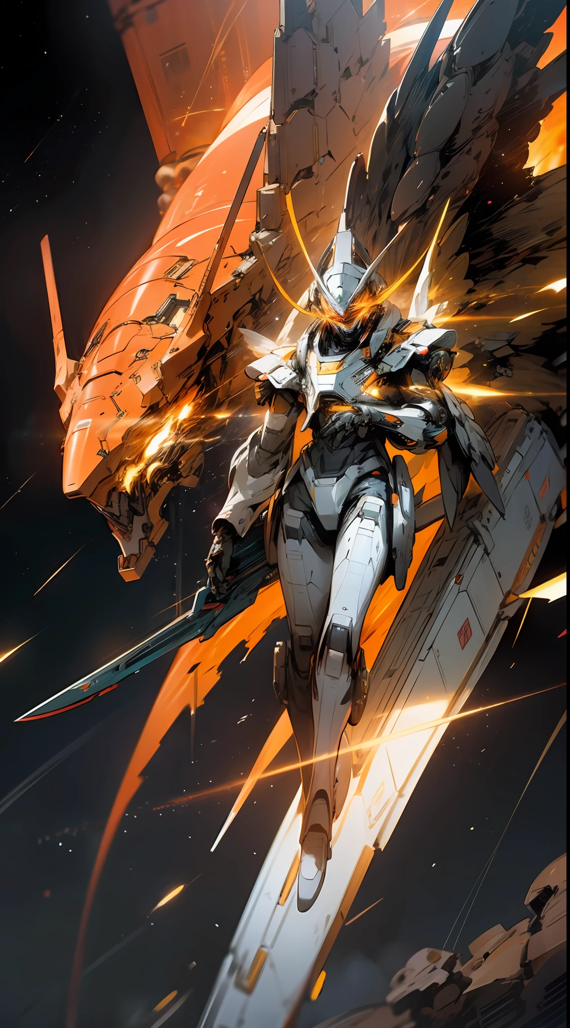 In space, huge planet, nebula, holding weapons, no humans, glowing, robot, huge mechanical wings, mech wings, in flight, comet debris, glowing eyes, orange mecha, science fiction, space, reality, mecha, galaxy background, neon, cyberpunk,