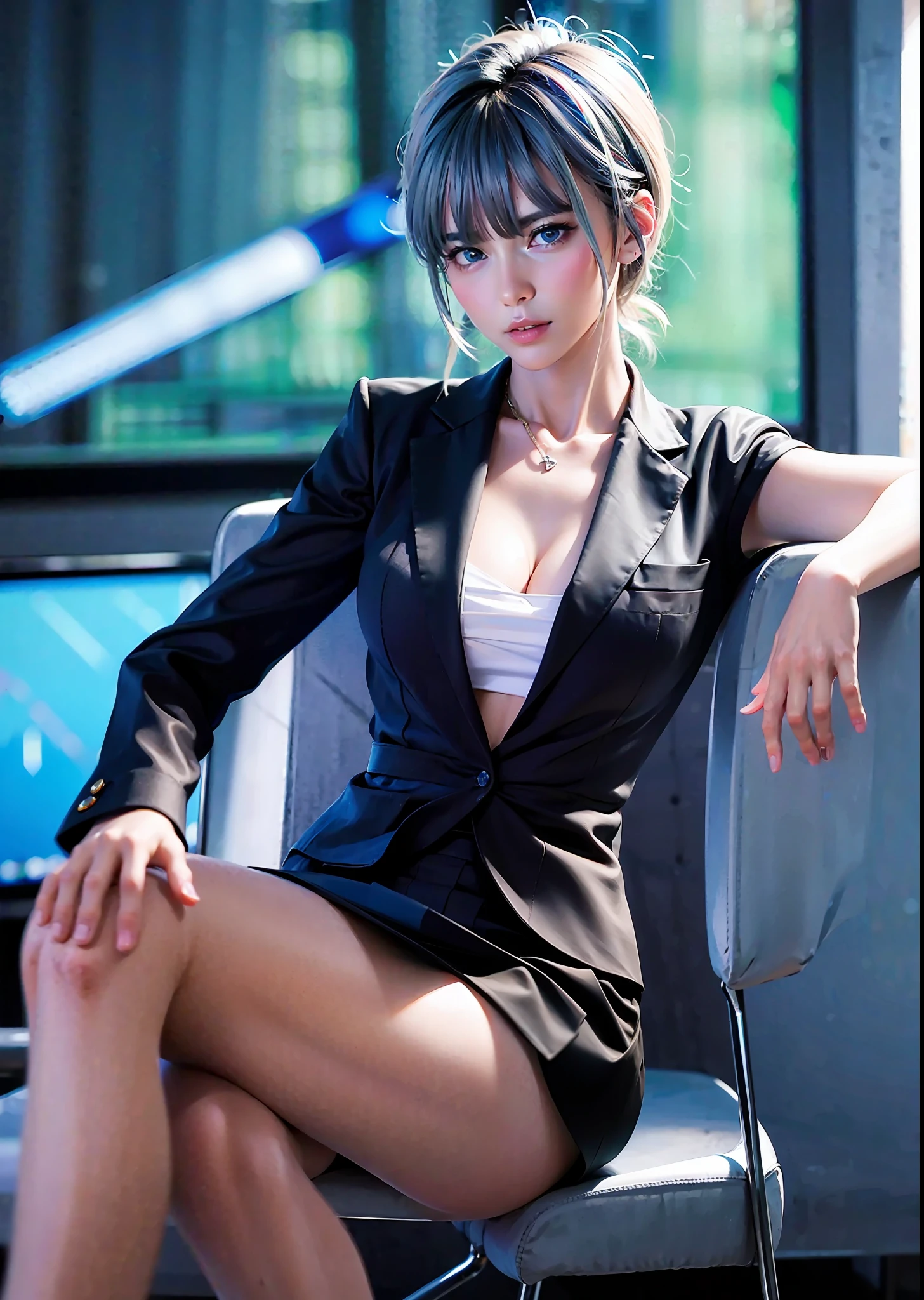 (8k, RAW photo, best quality, mastery: 1.2), (real, photoreal: 1.37), 1 person, best portrait, blue eyes, (solo), fluffy short hair, suit and tie, open blouse te, cleavage, ascetic, provocative, office, audience watching, miniskirt, cyberpunk, crossed legs, perfect proportions,