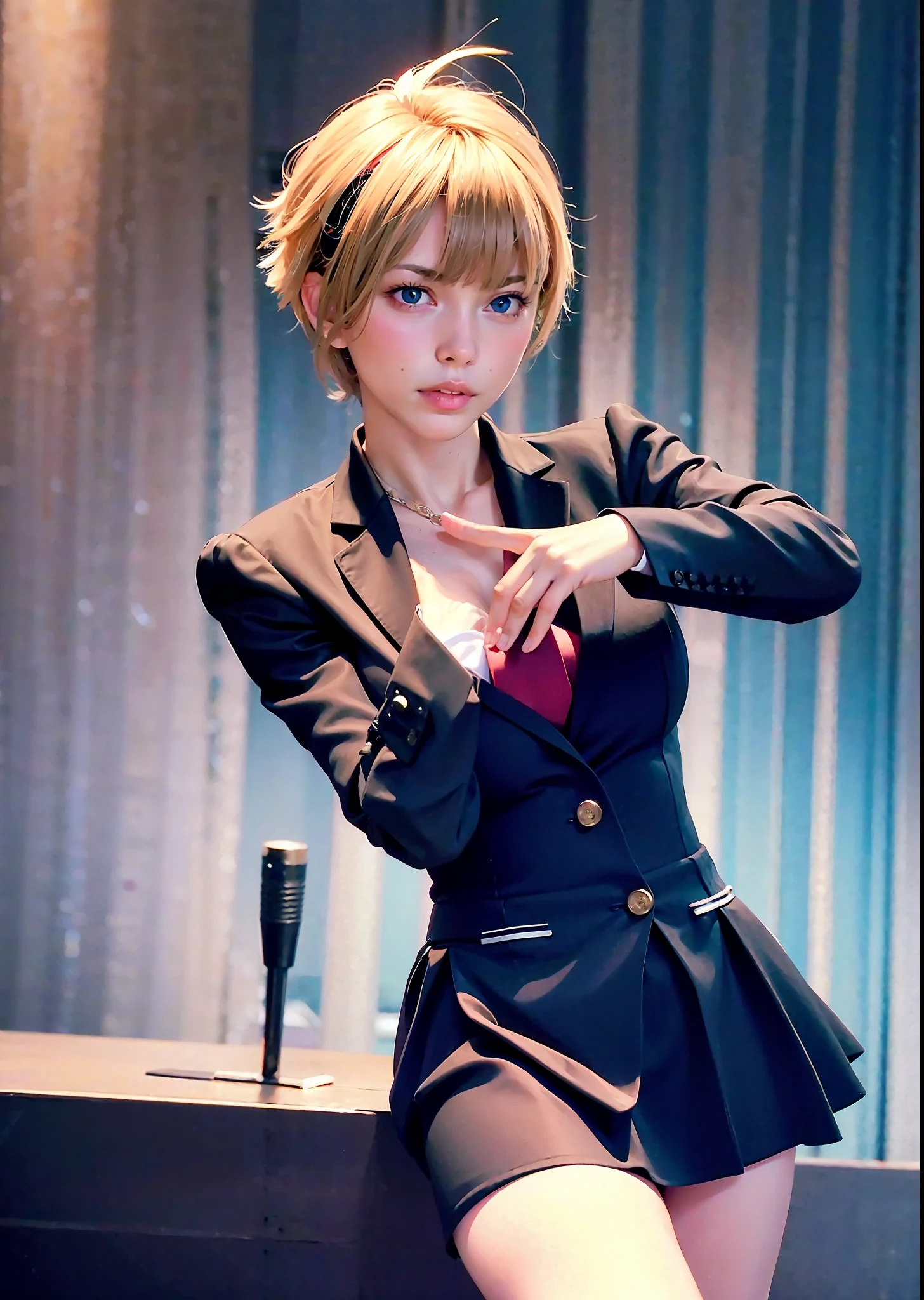 (8k, RAW photo, best quality, mastery: 1.2), (real, photoreal: 1.37), 1 person, best portrait, blue eyes, (solo), fluffy short hair, suit and tie, open blouse te, cleavage, ascetic, provocative, office, audience watching, miniskirt, cyberpunk, crossed legs, perfect proportions,