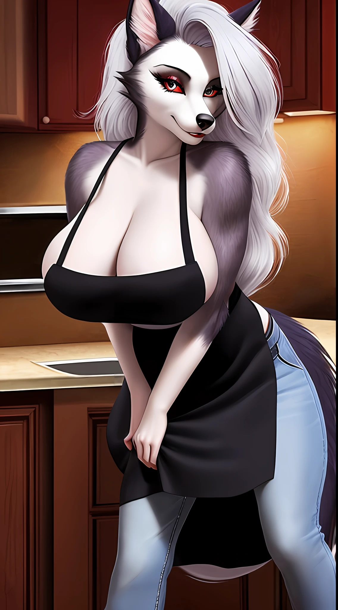 uploaded on e621, nsfw, raw photo, realistic, anthro, detailed face, detailed fur, snout, helluva boss, loona hellhound, loona, undone pants, in kitchen, big breast, (Apron), sexual pose, seductive pose, leaning forward, pin up, seduced