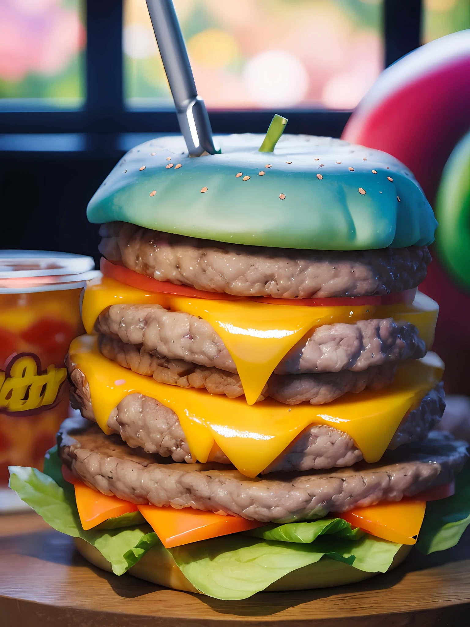 ((best quality)) (detailed)(juicy cheeseburger, vibrant and appetizing colors, mouth-watering details: 1.8) against dark background, professional color grading, centered, window lighting, sharp focus, advertising, octane, unreal, high resolution food photography, masterpiece, ultra detailed, highly detailed, high definition, perfect composition, intricate, cute and beautiful, award winning photography, sharp details, high resolution, all in pixar style, (high resolution and sharp :1.4)