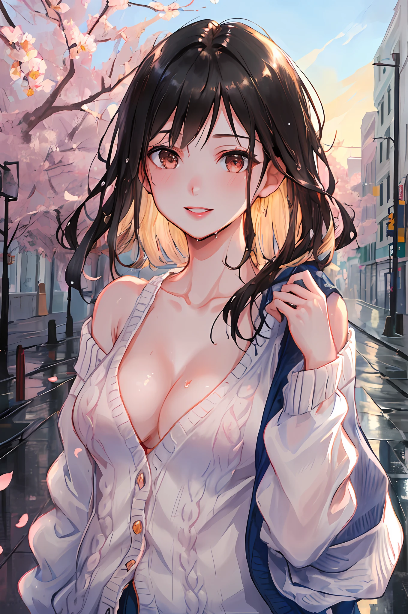 Realistic, textured skin, {best quality}, {highres}, beautiful and charming girl, 22 years old, focused, delicate round face, smiling, slender and charming figure, delicate and charming collarbone, messy shoulders hair, black hair, bright peach blossom eyes, pink lipstick, double eyelids, deep cleavage, (sky blue knitted cardigan sweater), walking on an empty street, {wet}, {annoyed}, bright background