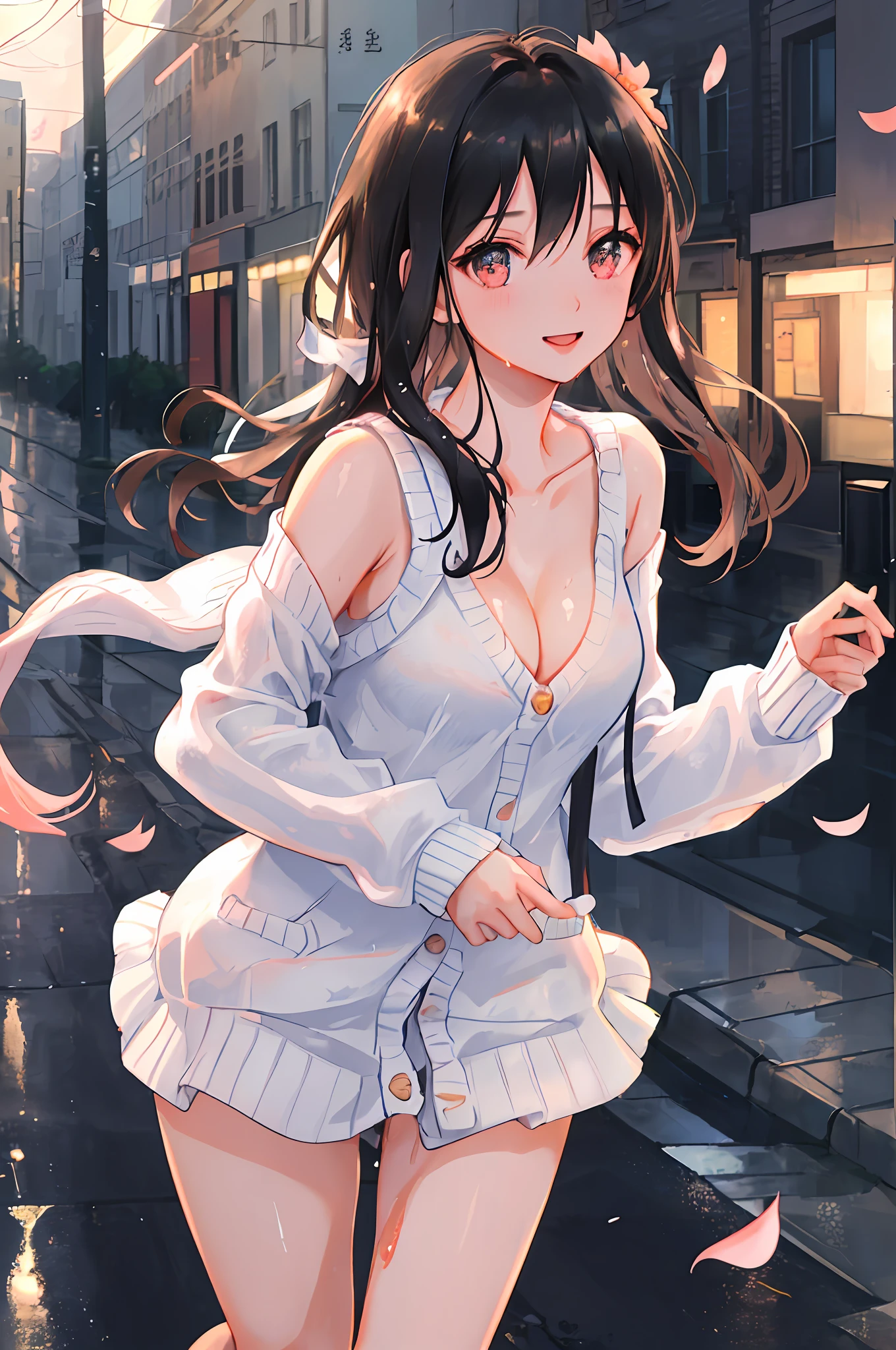 Realistic, textured skin, {best quality}, {highres}, beautiful and charming girl, 22 years old, focused, delicate round face, smiling, slender and charming figure, delicate and charming collarbone, messy shoulders hair, black hair, bright peach blossom eyes, pink lipstick, double eyelids, deep cleavage, (sky blue knitted cardigan sweater), walking on an empty street, {wet}, {annoyed}, bright background